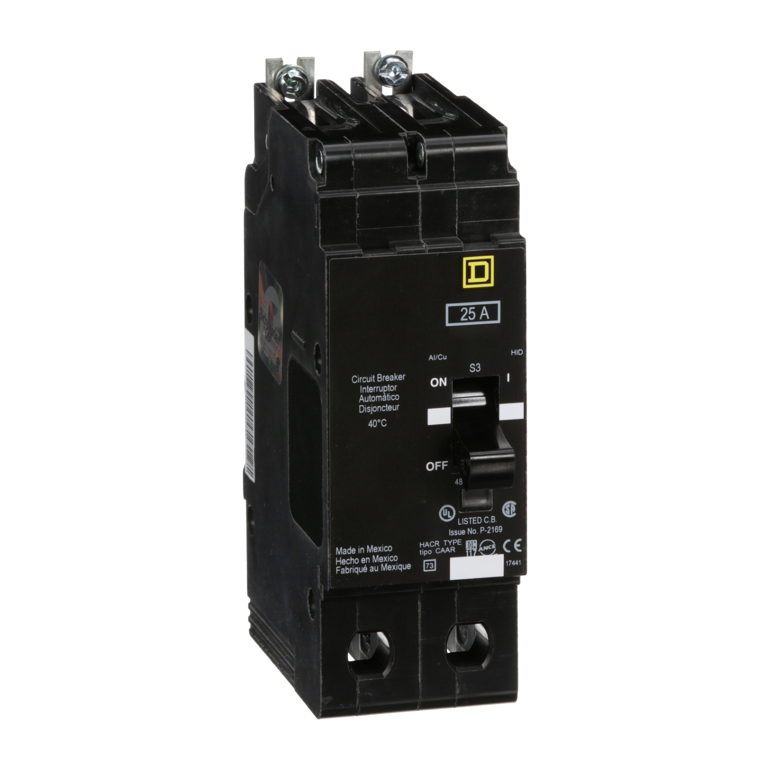 EGB24025 Type EGB Circuit Breaker, 480Y/277 V AC, 25 A, 65 kA at 240 VAC/35 kA at 480Y/277 VAC Interrupt, 2 Poles, Thermal Magnetic Trip