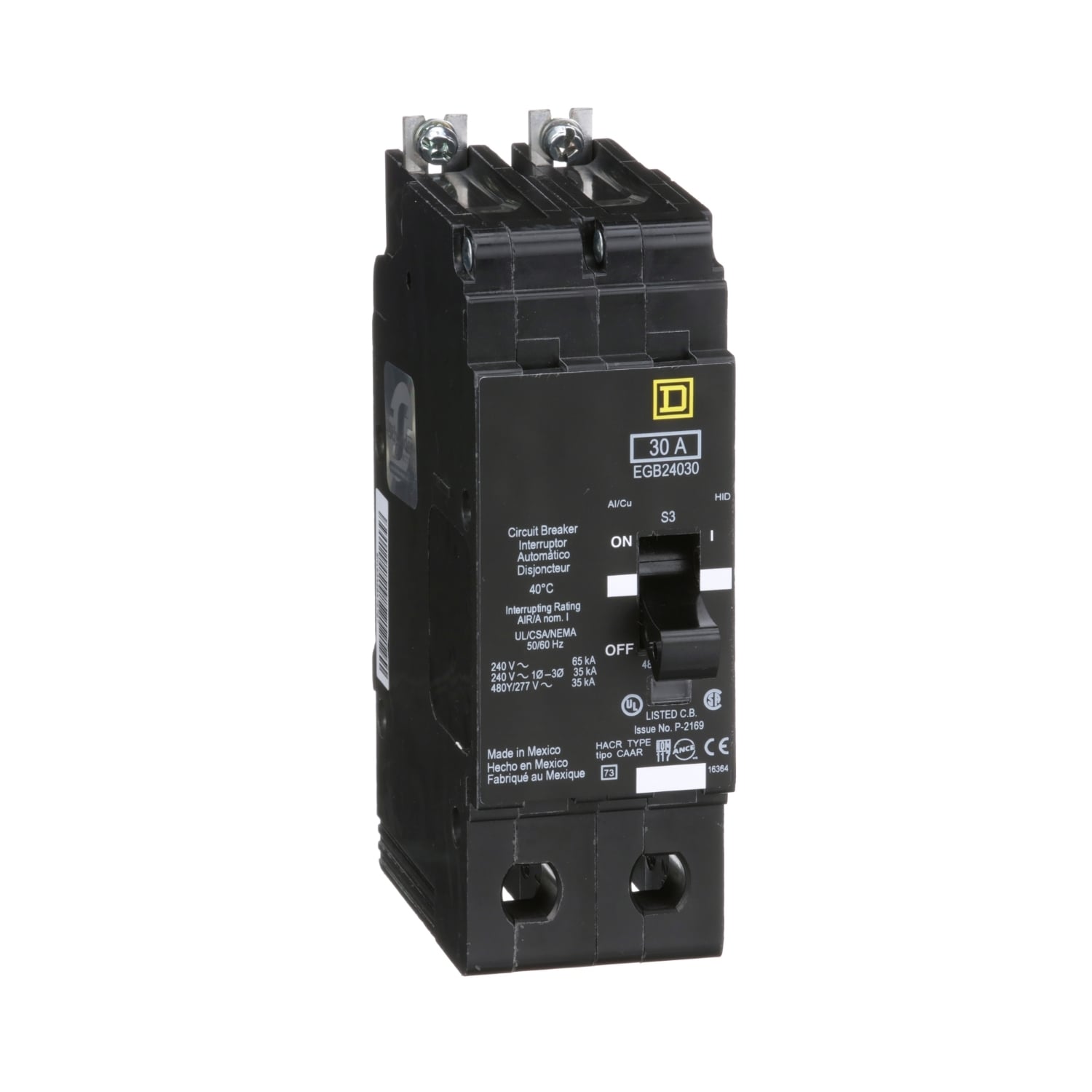 EGB24030 E-FRAME Type EGB Molded Case Standard Miniature Circuit Breaker, 277/480Y V AC, 30 A, 35 kA Interrupt, 2 Poles, Thermal Magnetic Trip