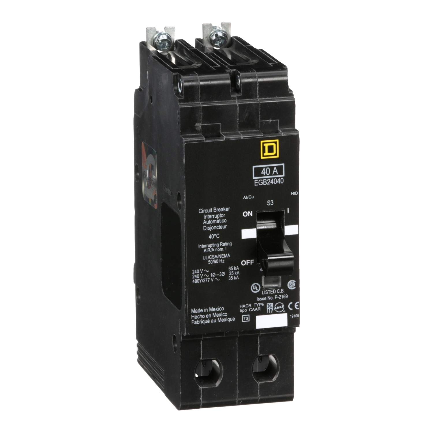 EGB24040 E-FRAME Type EGB Molded Case Miniature Circuit Breaker, 277/480Y V AC, 40 A, 35 kA Interrupt, 2 Poles, Thermal Magnetic Trip