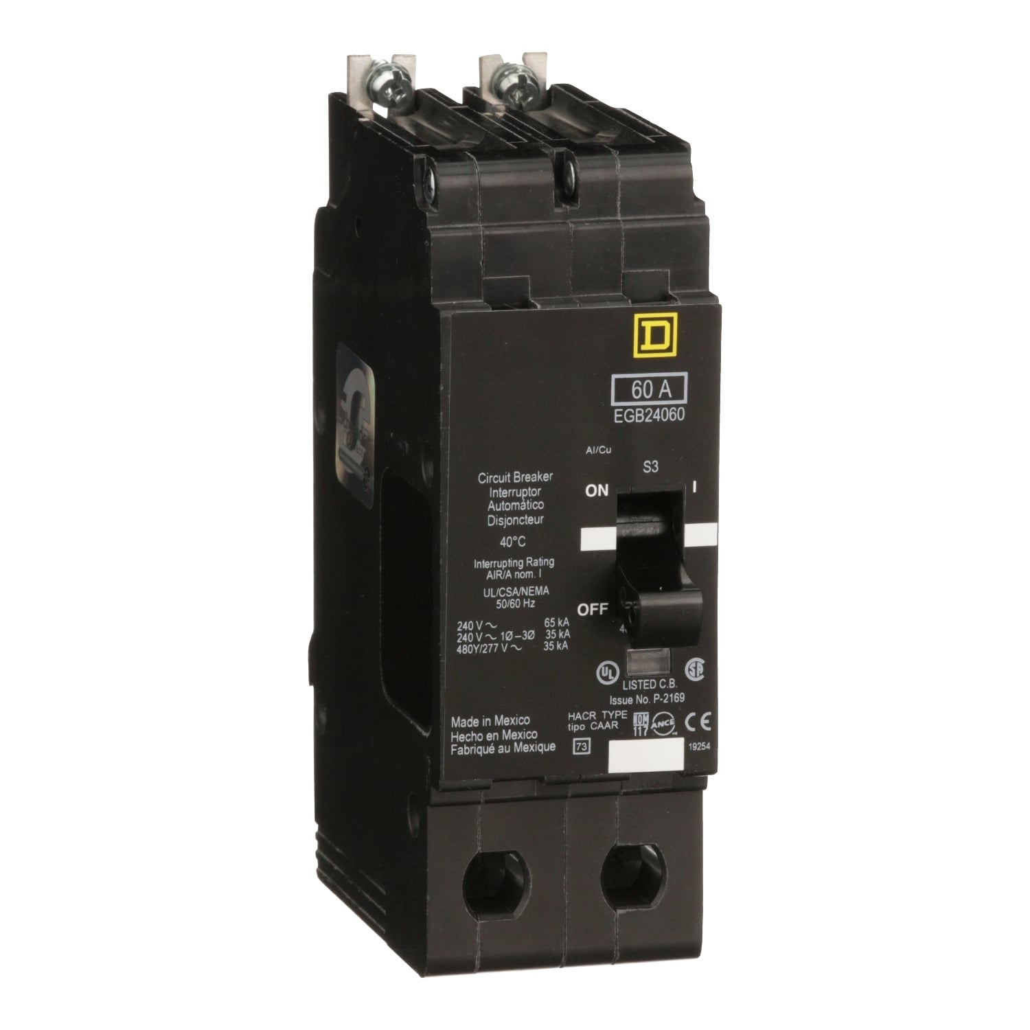 EGB24060 Type EGB Miniature Circuit Breaker, 277/480Y V AC, 60 A, 65 kA at 240 VAC, 35 kA at 480Y/277 VAC Interrupt, 2 Poles, Thermal Magnetic Trip