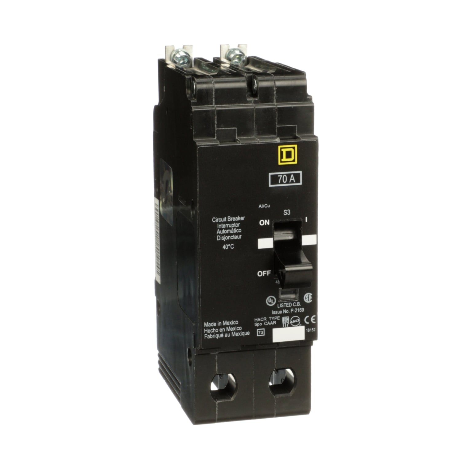EGB24070 Type EGB Circuit Breaker, 480Y/277 V AC, 70 A, 65 kA at 240 VAC/35 kA at 480Y/277 VAC Interrupt, 2 Poles, Thermal Magnetic Trip
