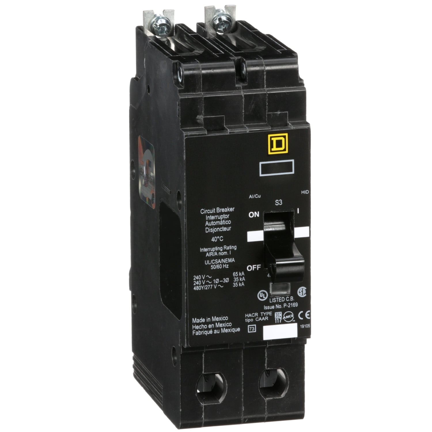 EGB24100 E-FRAME Type EDB Molded Case Standard Miniature Circuit Breaker, 277/480Y V AC, 100 A, 35/65 kA Interrupt, 2 Poles, Thermal Magnetic Trip