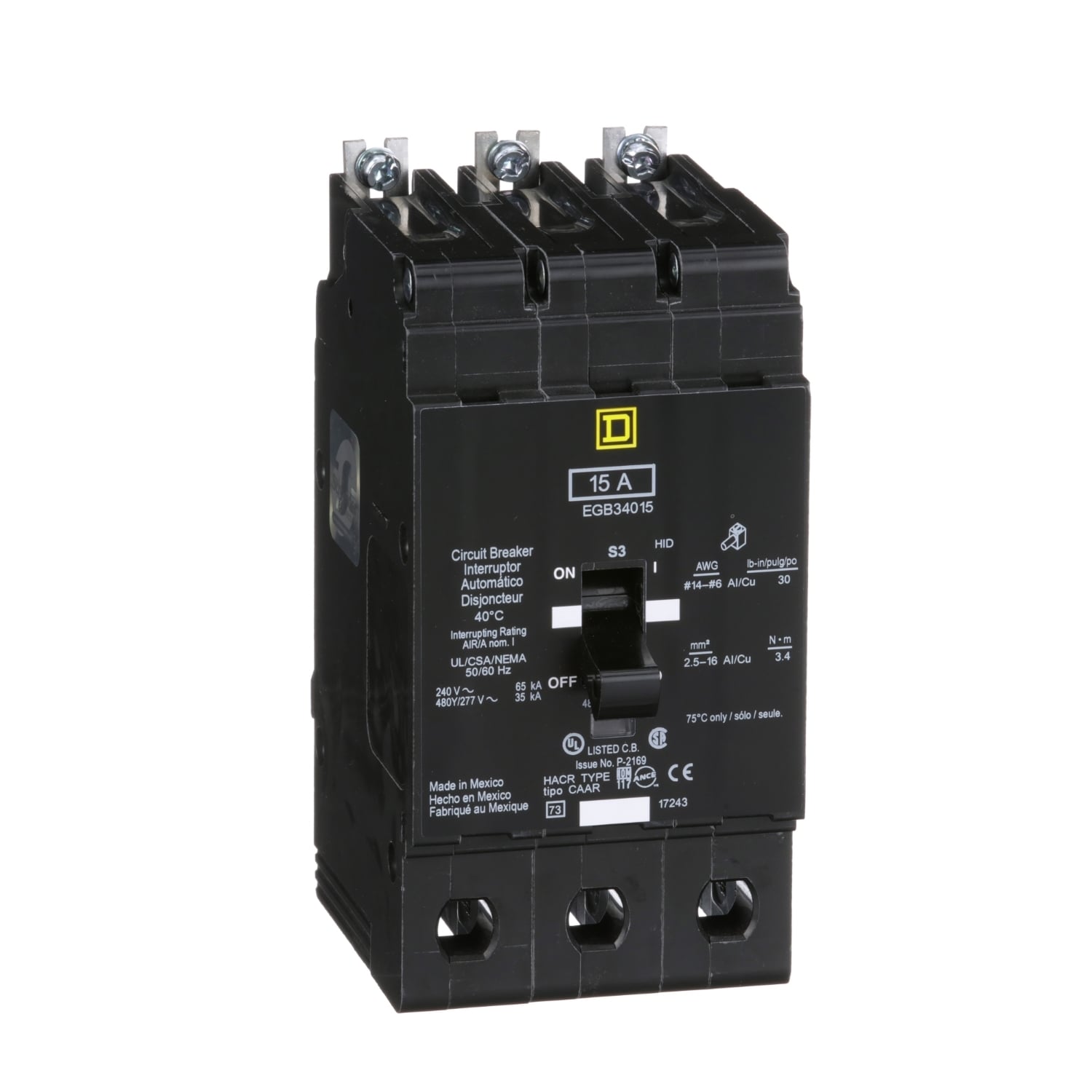 EGB34015 E-FRAME Type EGB Molded Case Standard Miniature Circuit Breaker, 277/480Y V AC, 15 A, 35 kA Interrupt, 3 Poles, Thermal Magnetic Trip
