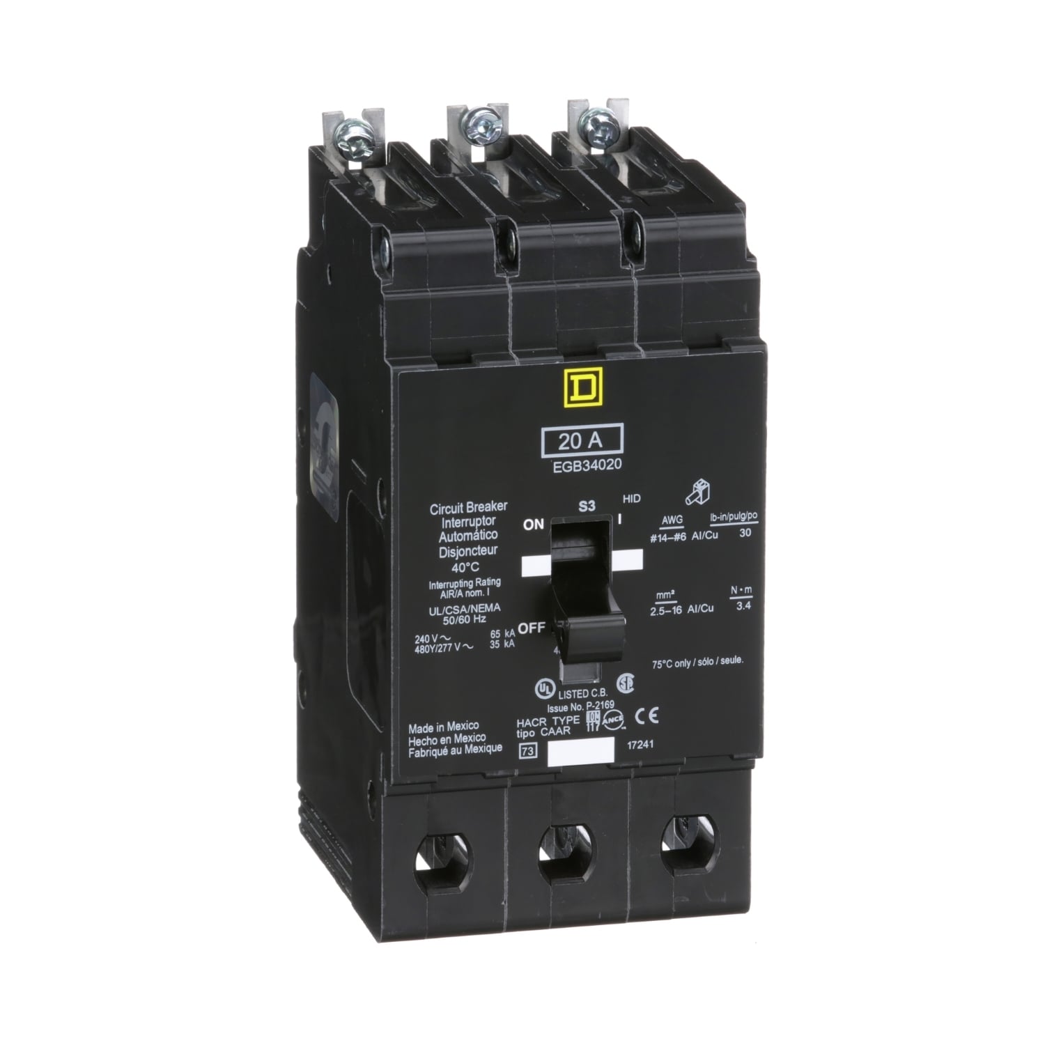 EGB34020 Molded Case Standard Miniature Circuit Breaker, 277/480Y V AC, 20 A, 35 kA Interrupt, 3 Poles, Thermal Magnetic Trip