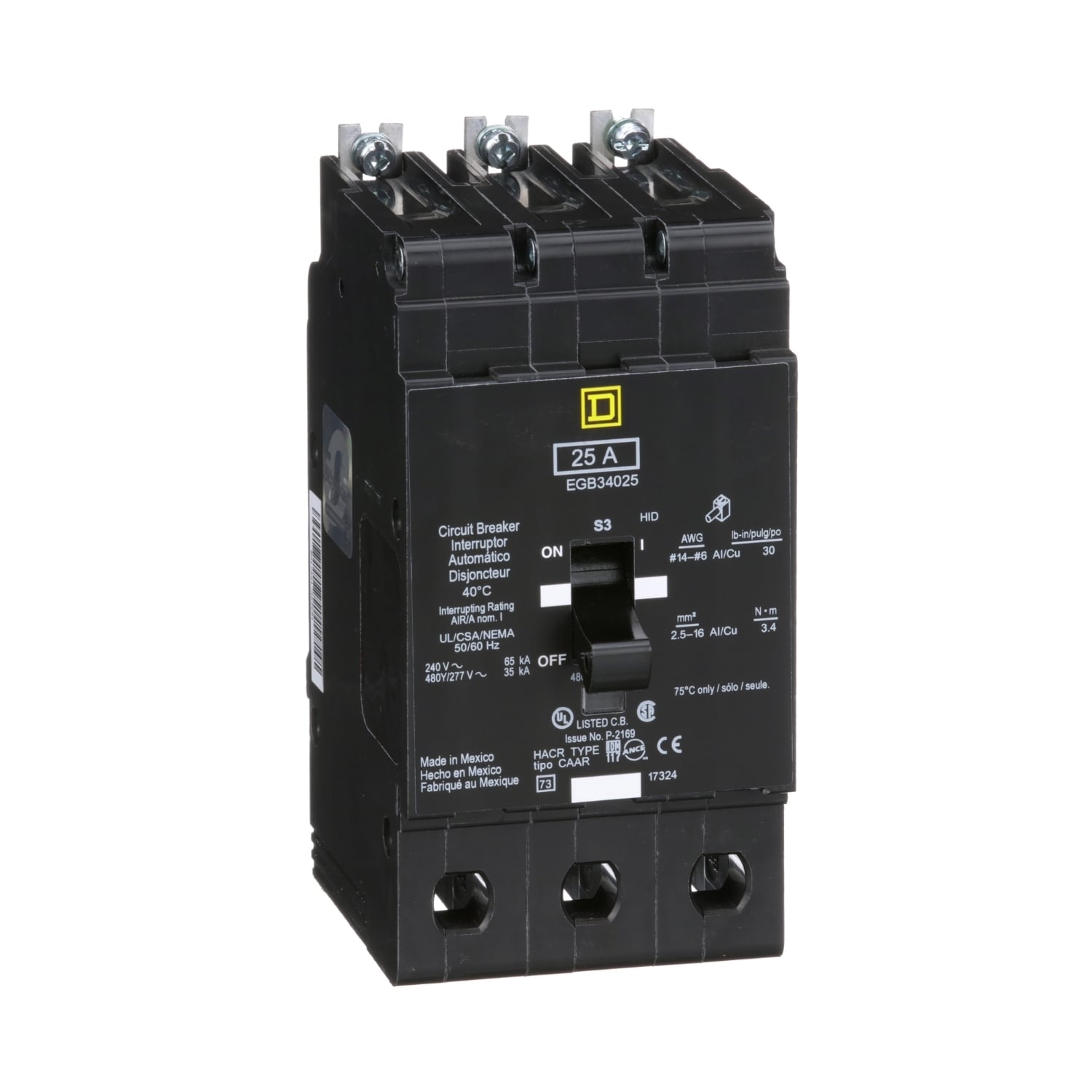EGB34025 E-FRAME Type EGB Molded Case Miniature Circuit Breaker, 277/480Y V AC, 25 A, 35 kA Interrupt, 3 Poles, Thermal Magnetic Trip