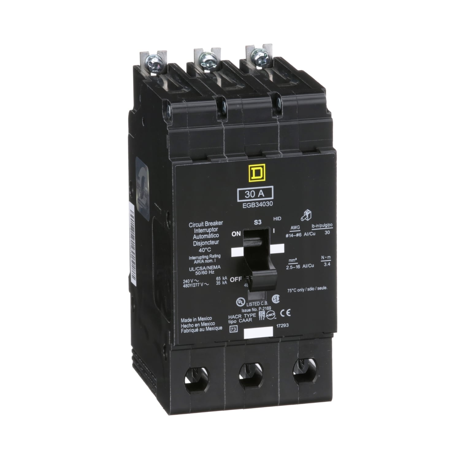 EGB34030 E-FRAME Type EGB Molded Case Standard Miniature Circuit Breaker, 277/480Y V AC, 30 A, 35 kA Interrupt, 3 Poles, Thermal Magnetic Trip