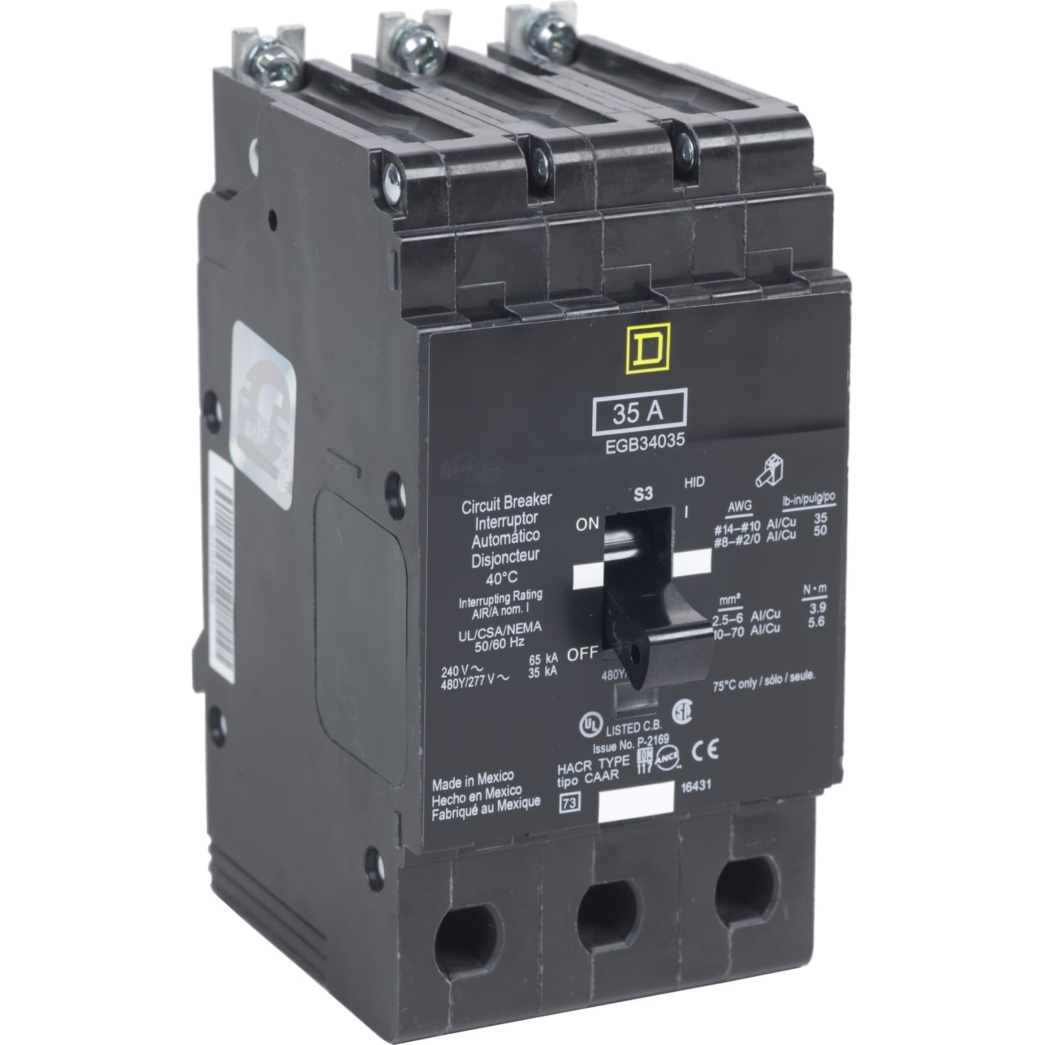 EGB34035 E-FRAME Type EGB Molded Case Miniature Circuit Breaker, 277/480Y V AC, 35 A, 35 kA Interrupt, 3 Poles, Thermal Magnetic Trip