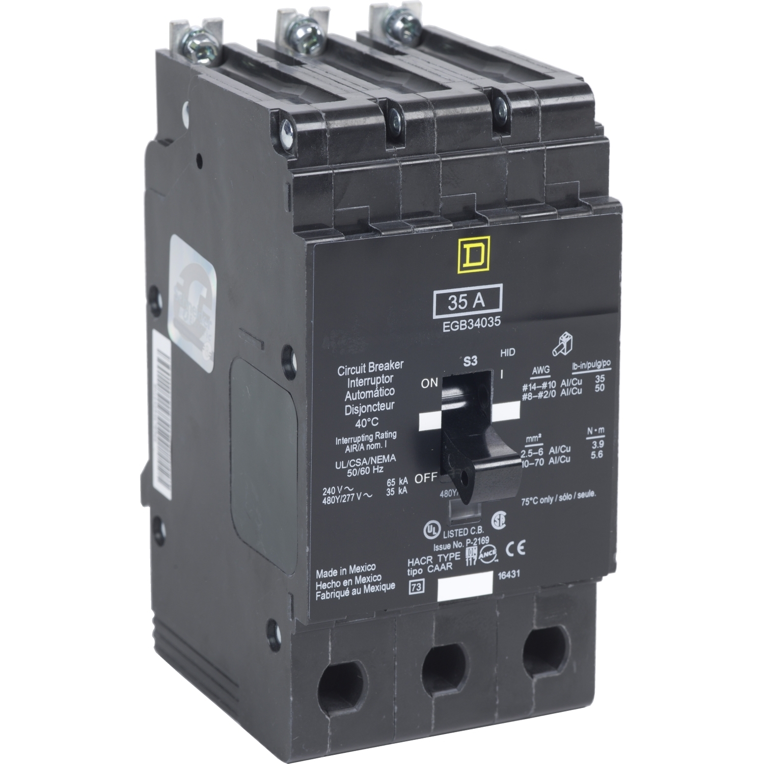 EGB34040 E-FRAME Type EGB Molded Case Standard Miniature Circuit Breaker, 277/480Y V AC, 40 A, 35 kA Interrupt, 3 Poles, Thermal Magnetic Trip