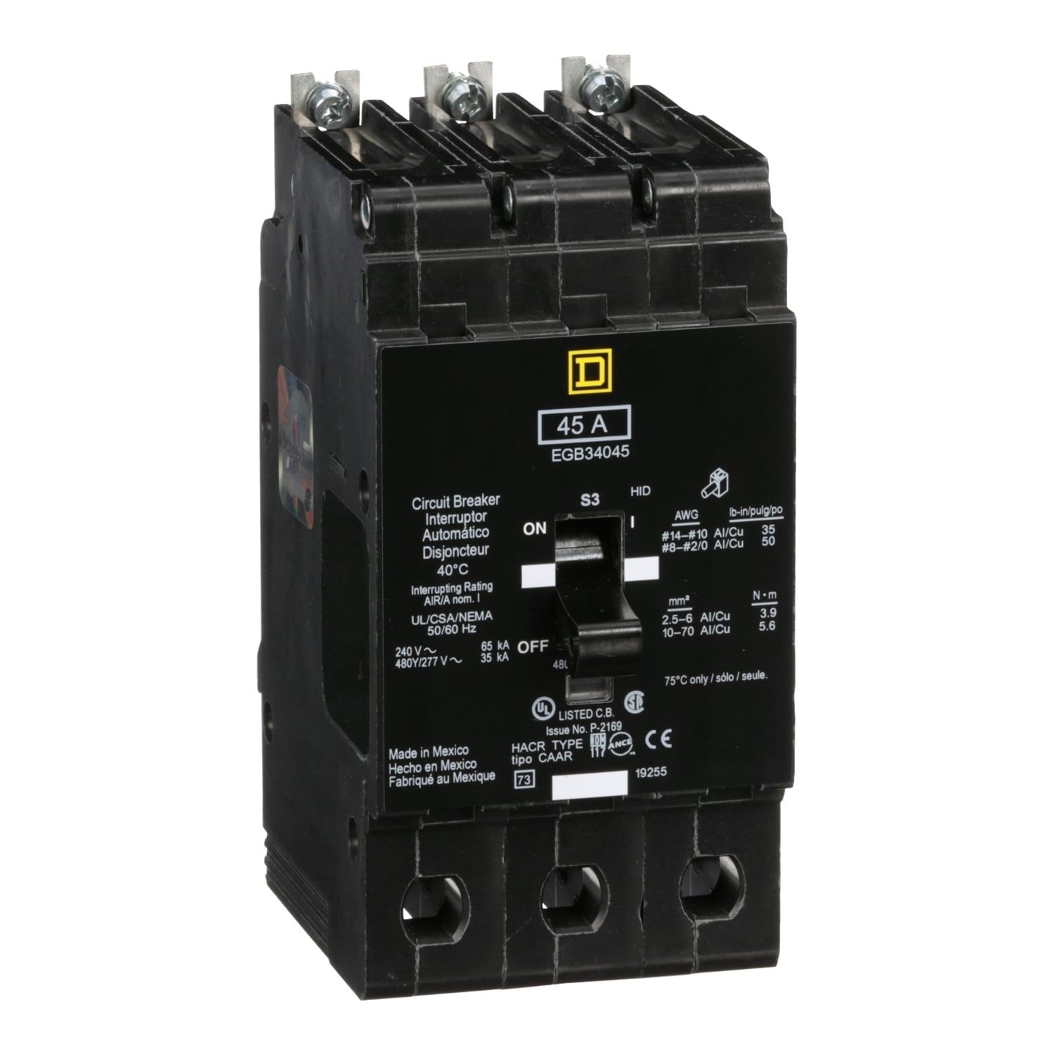 EGB34045 Type EGB Miniature Circuit Breaker, 277/480Y V AC, 45 A, 65 kA at 240 VAC, 35 kA at 480Y/277 VAC Interrupt, 3 Poles, Thermal Magnetic Trip