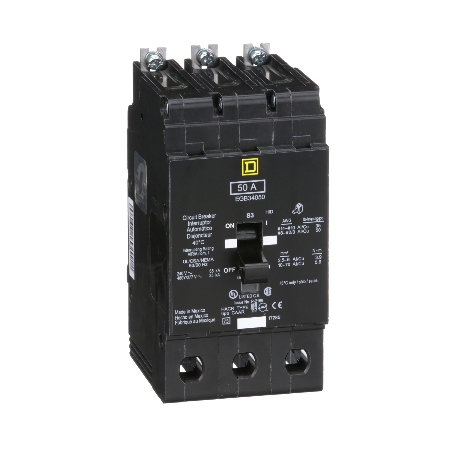 EGB34050 E-FRAME Type EGB Molded Case Standard Miniature Circuit Breaker, 277/480Y V AC, 50 A, 35 kA Interrupt, 3 Poles, Thermal Magnetic Trip