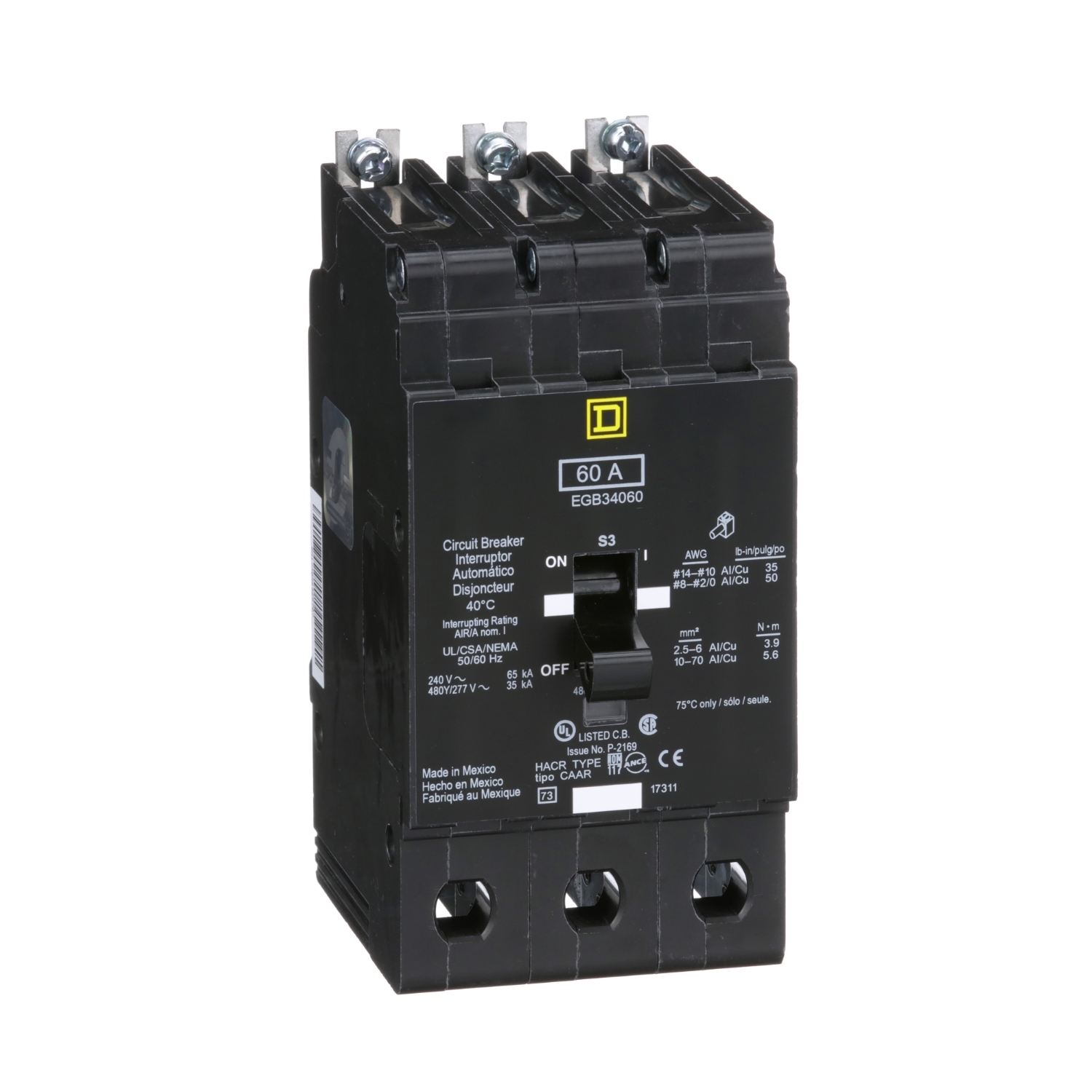 EGB34060 Type EGB Molded Case Standard E-FRAME Miniature Circuit Breaker, 277/480Y V AC, 60 A, 35 kA Interrupt, 3 Poles, Thermal Magnetic Trip