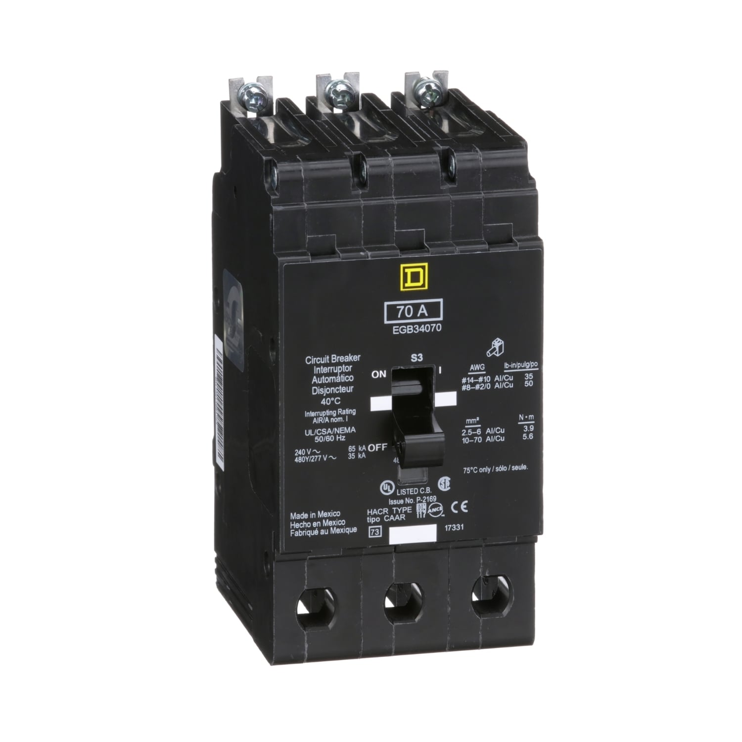 EGB34070 E-FRAME Type EGB Molded Case Standard Miniature Circuit Breaker, 277/480Y V AC, 70 A, 35 kA Interrupt, 3 Poles, Thermal Magnetic Trip
