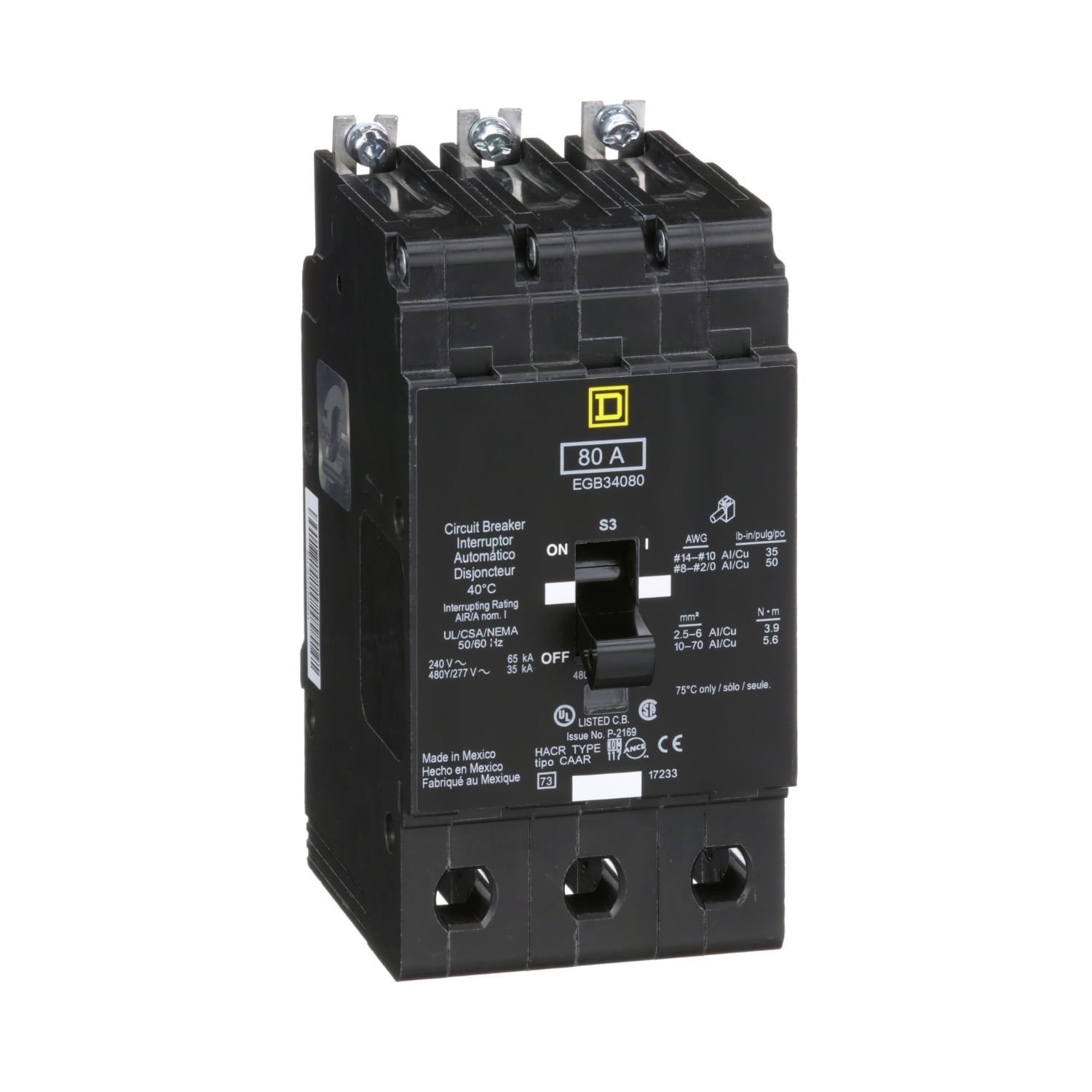 EGB34080 E-FRAME Type EGB Molded Case Standard Miniature Circuit Breaker, 277/480Y V AC, 80 A, 35 kA Interrupt, 3 Poles, Thermal Magnetic Trip