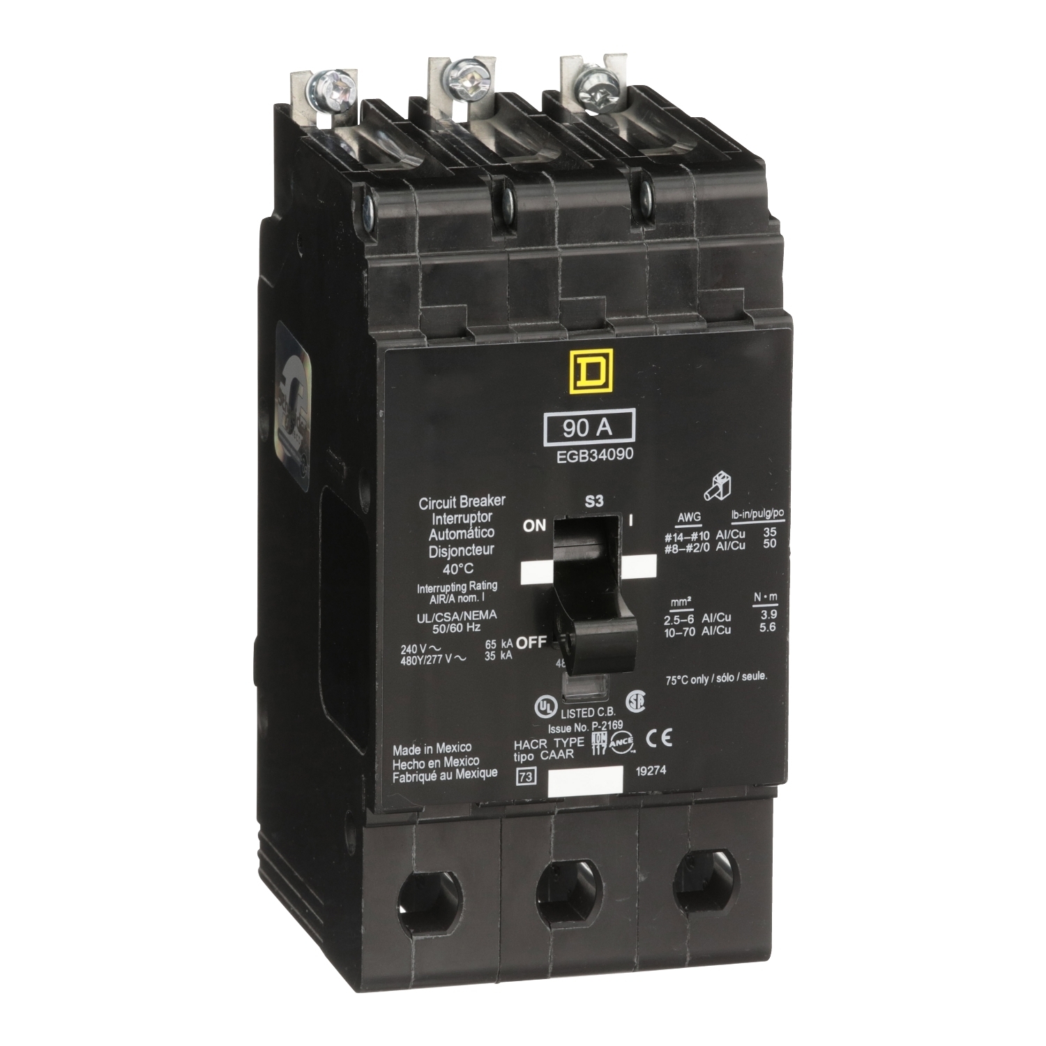 EGB34090 Type EGB Miniature Circuit Breaker, 277/480Y V AC, 90 A, 65 kA at 240 VAC, 35 kA at 480Y/277 VAC Interrupt, 3 Poles, Thermal Magnetic Trip