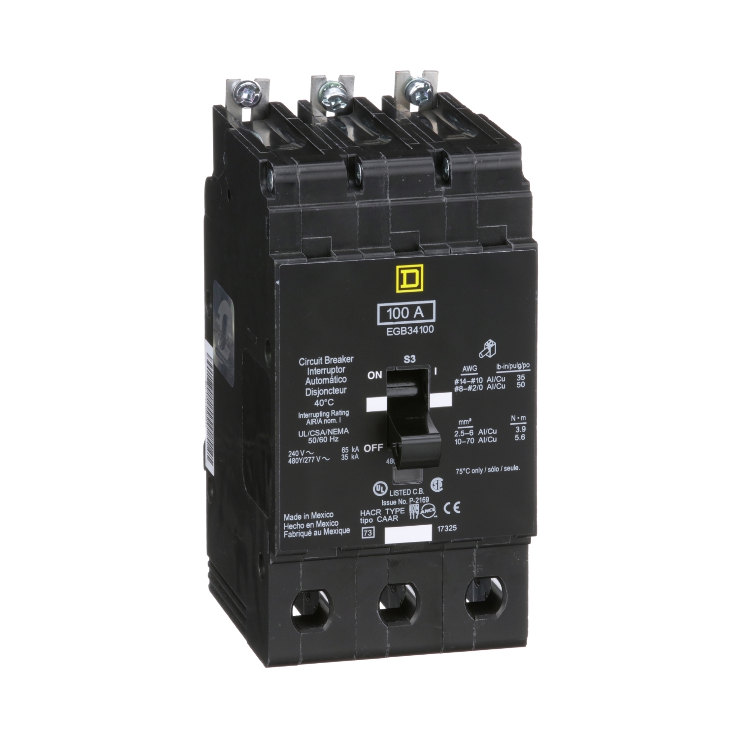 EGB34100 E-FRAME Type EGB Molded Case Standard Miniature Circuit Breaker, 277/480Y V AC, 100 A, 35 kA Interrupt, 3 Poles, Thermal Magnetic Trip
