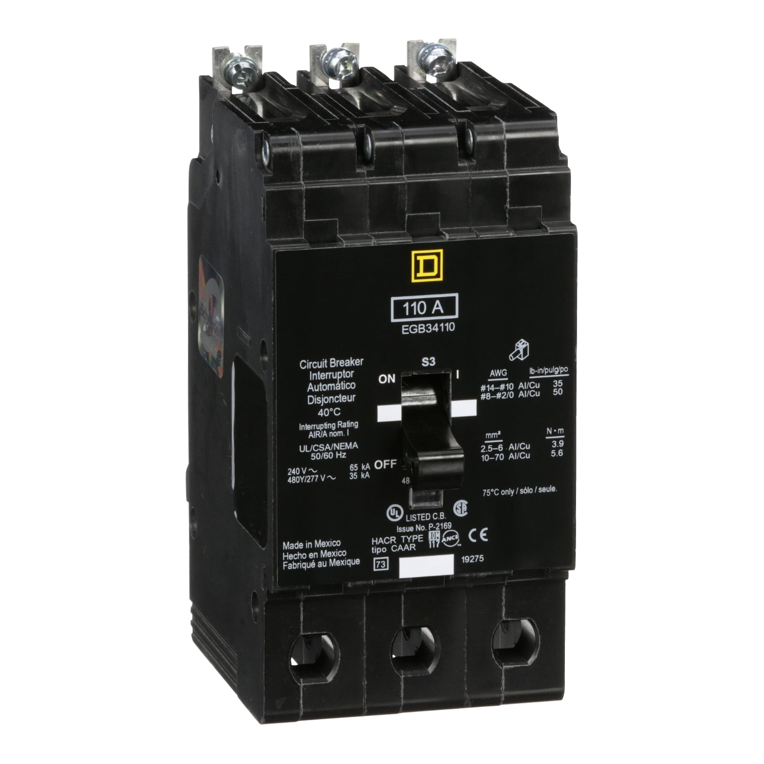 EGB34110 Type EGB Circuit Breaker, 480Y/277 V AC, 110 A, 65 kA at 240 VAC/35 kA at 480Y/277 VAC Interrupt, 3 Poles, Thermal Magnetic Trip