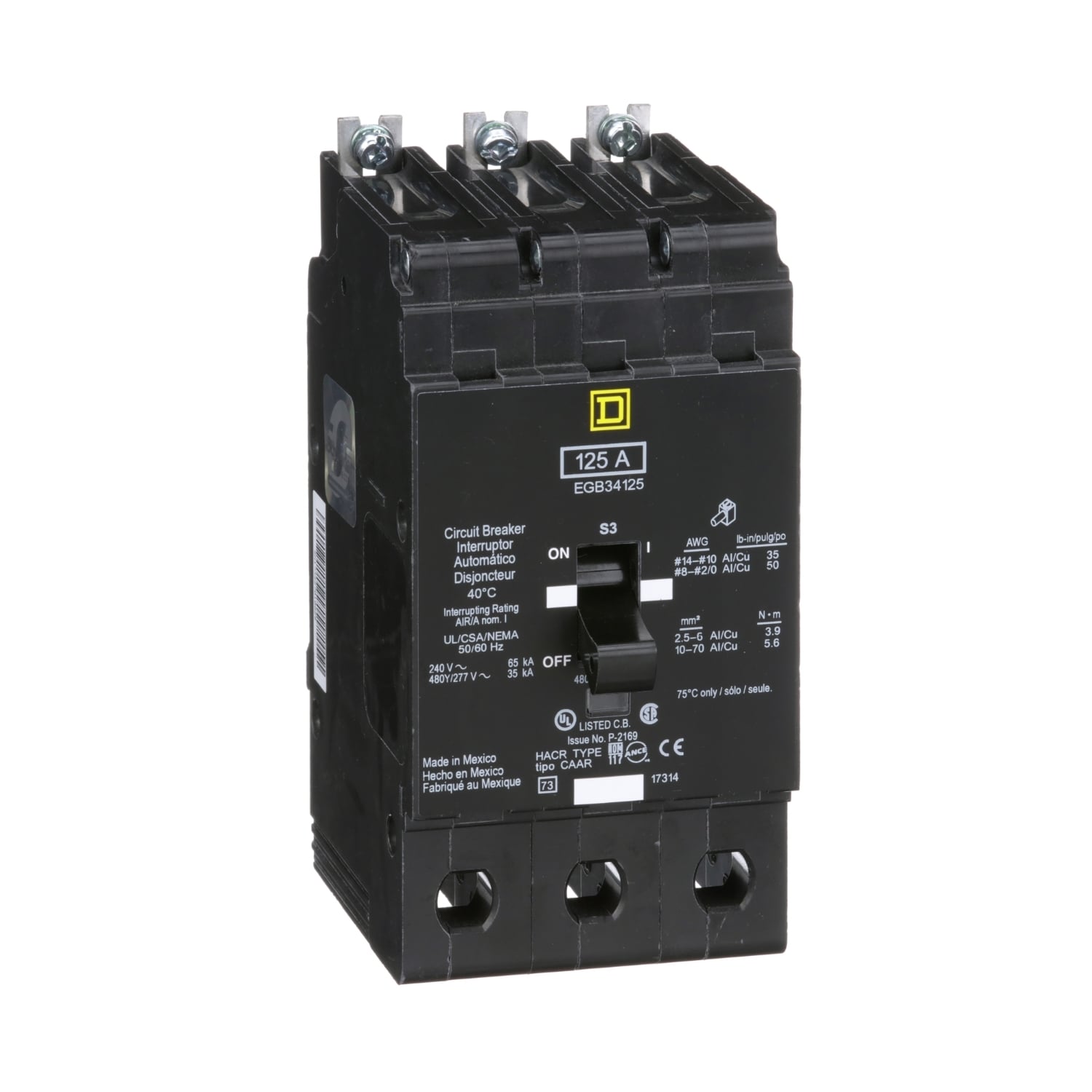 EGB34125 E-FRAME Type EGB Molded Case Standard Miniature Circuit Breaker, 277/480Y V AC, 125 A, 35 kA Interrupt, 3 Poles, Thermal Magnetic Trip