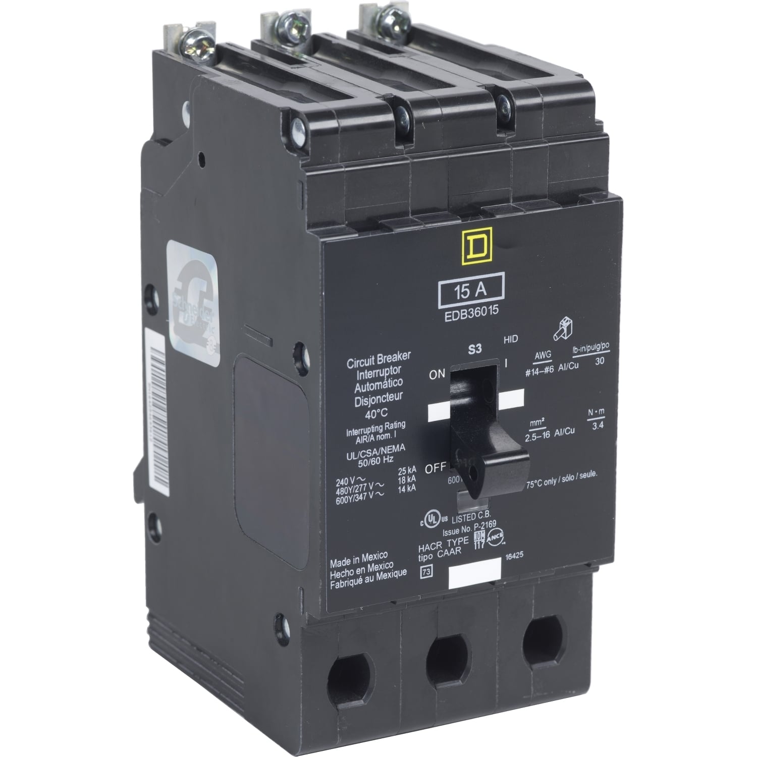 EGB36020 Type EGB Molded Case Circuit Breaker, 600Y/347 V AC, 20 A, 65 kA at 240 VAC, 35 kA at 480 VAC Interrupt, 3 Poles, Thermal Magnetic Trip