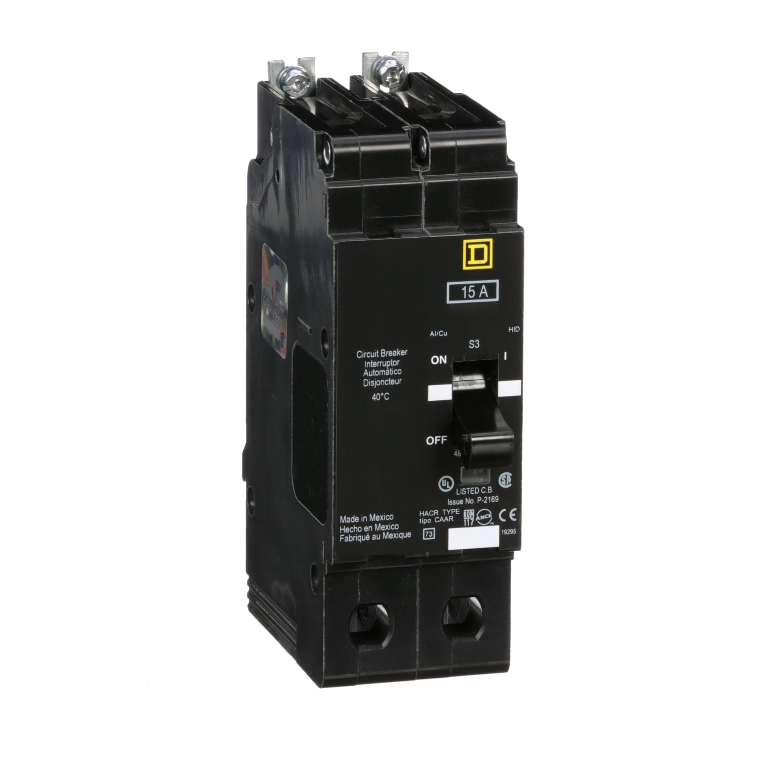 EJB24015 Type EJB Miniature Circuit Breaker, 277/480Y V AC, 15 A, 65 kA at 480Y/277 VAC, 100 kA at 120/240 VAC Interrupt, 2 Poles, Thermal Magnetic Trip
