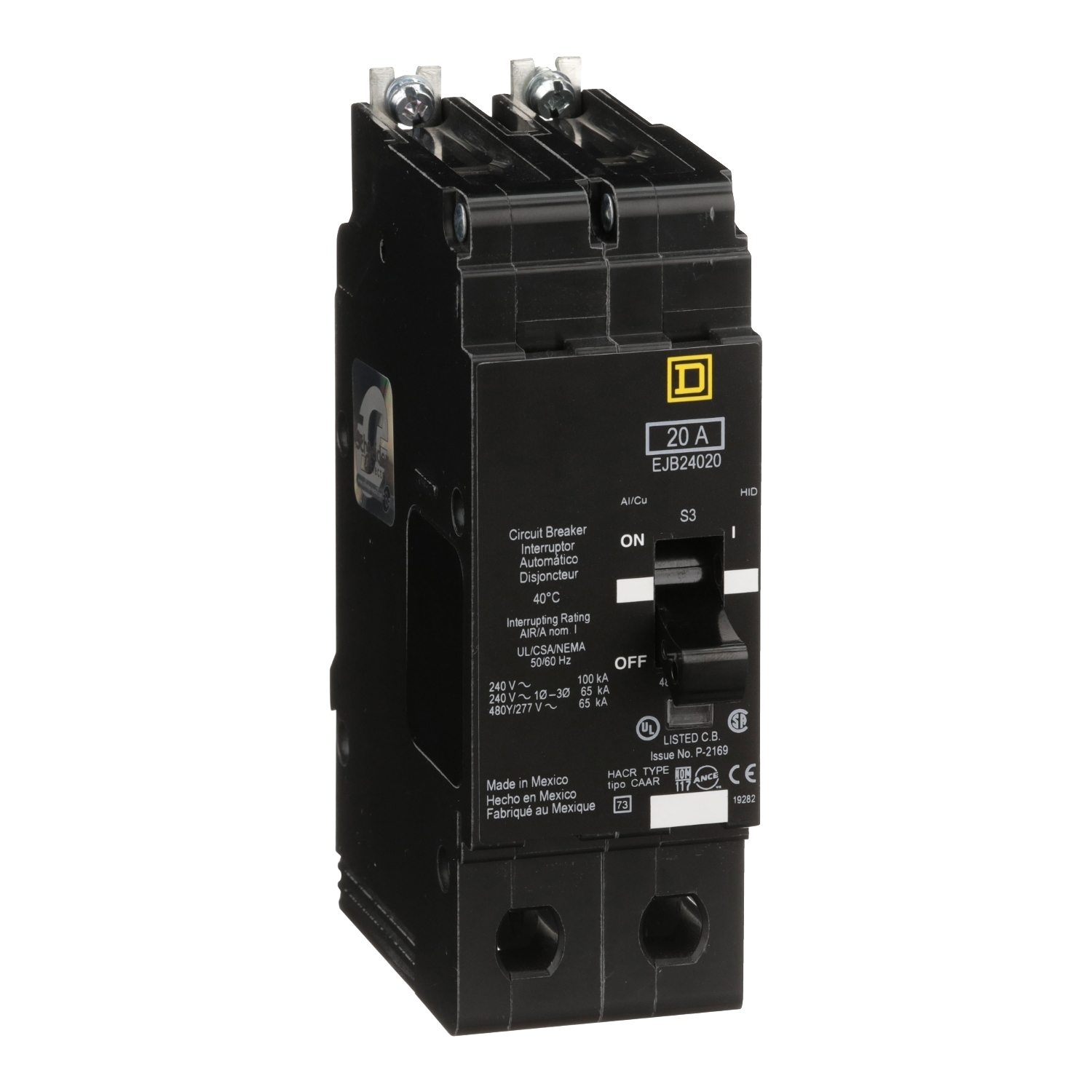 EJB24020 E-FRAME Type EJB Molded Case Miniature Circuit Breaker, 277/480Y V AC, 20 A, 65/100 kA Interrupt, 2 Poles, Thermal Magnetic Trip