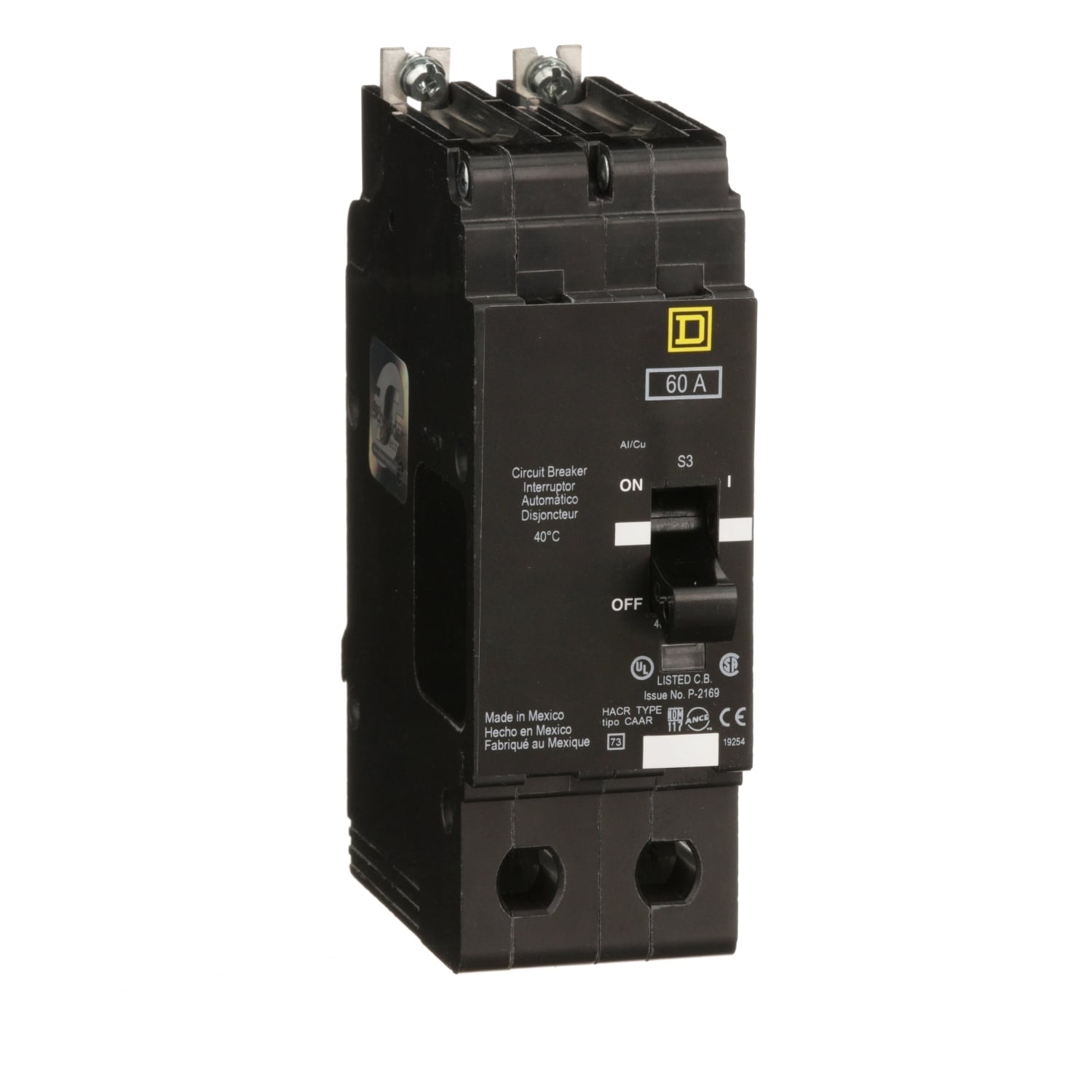 EJB24060 Type EJB Circuit Breaker, 480Y/277 V AC, 60 A, 100 kA at 240 VAC/65 kA at 480Y/277 VAC Interrupt, 2 Poles, Thermal Magnetic Trip