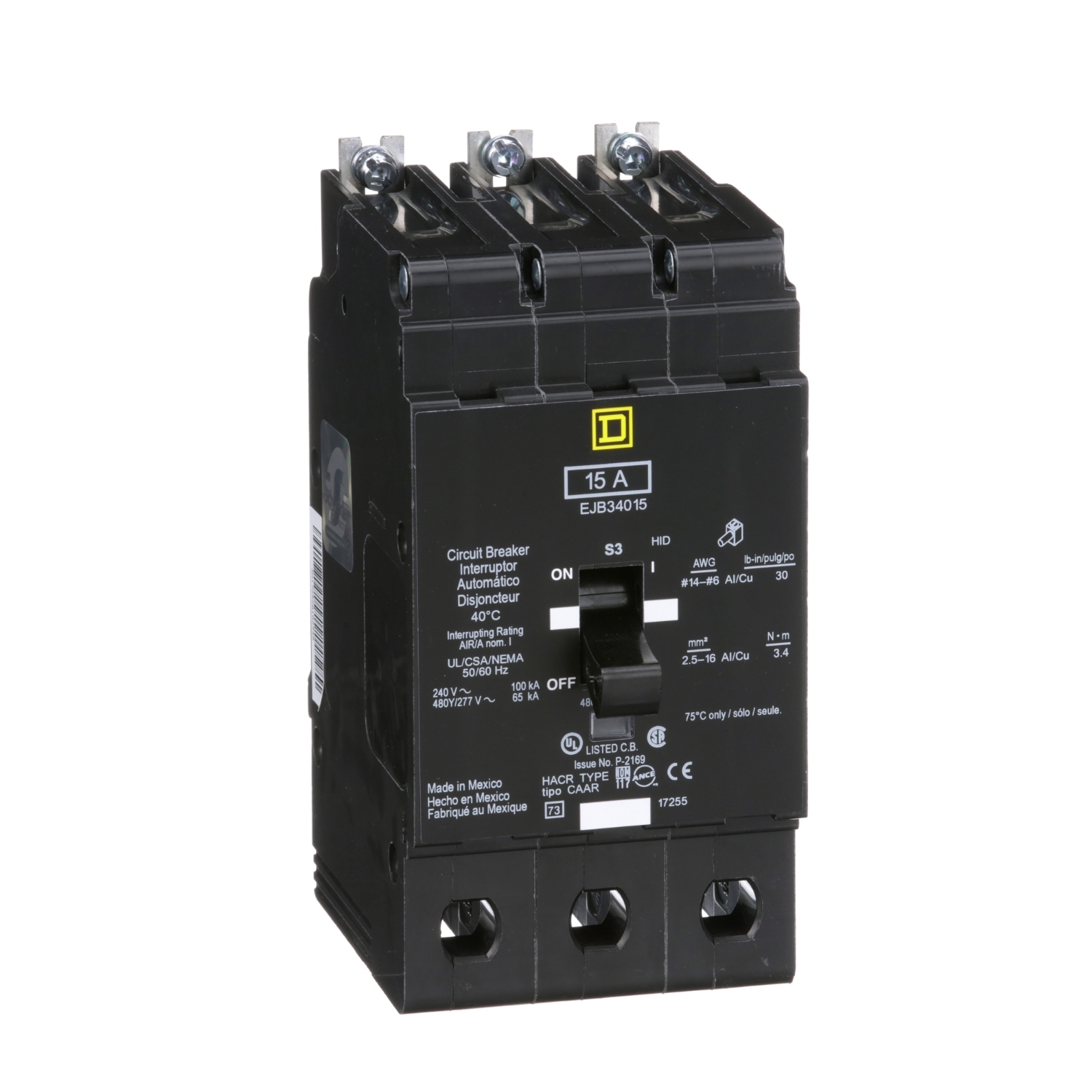 EJB34015 E-FRAME Type EJB Molded Case Standard Miniature Circuit Breaker, 277/480Y V AC, 15 A, 65 kA Interrupt, 3 Poles, Thermal Magnetic Trip