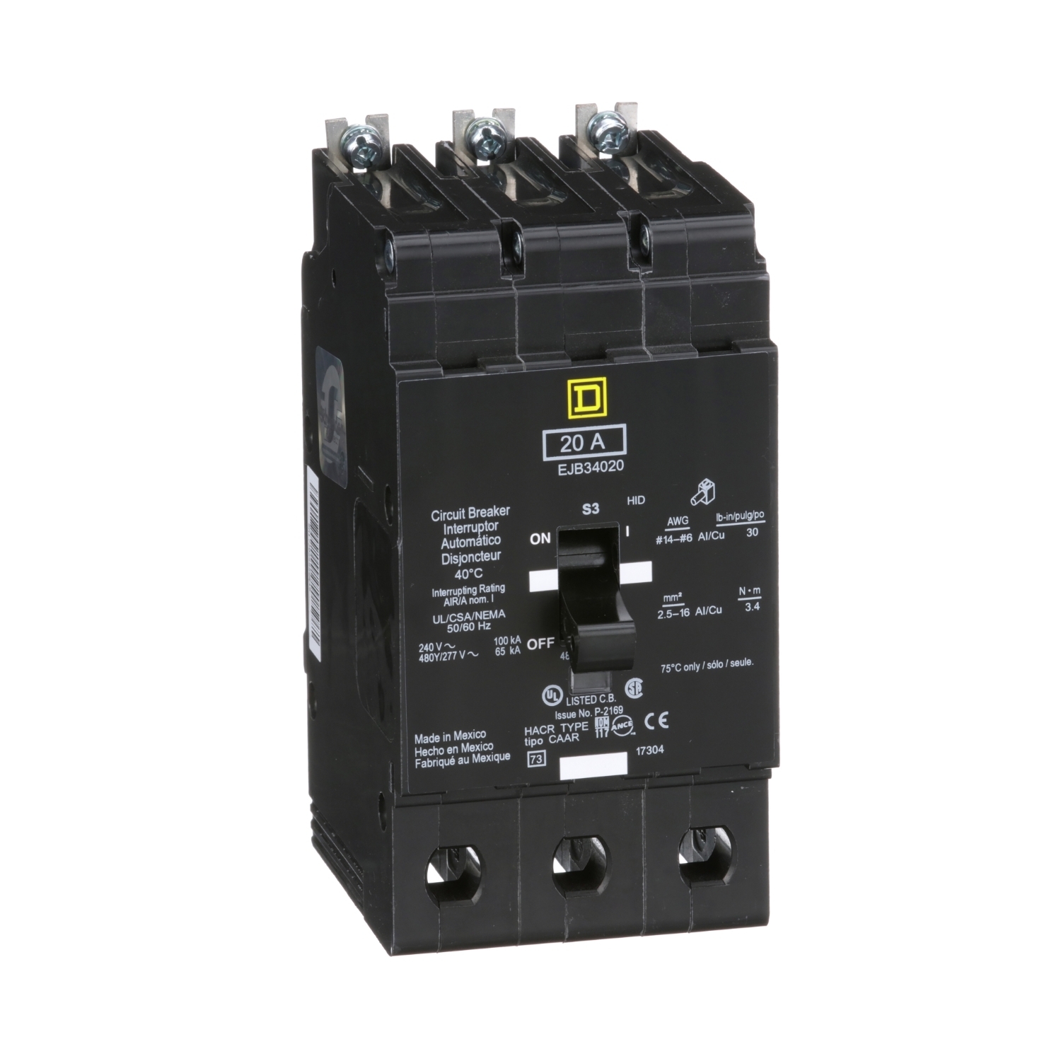 EJB34020 E-FRAME Type EJB Molded Case Standard Miniature Circuit Breaker, 277/480Y V AC, 20 A, 65 kA Interrupt, 3 Poles, Thermal Magnetic Trip