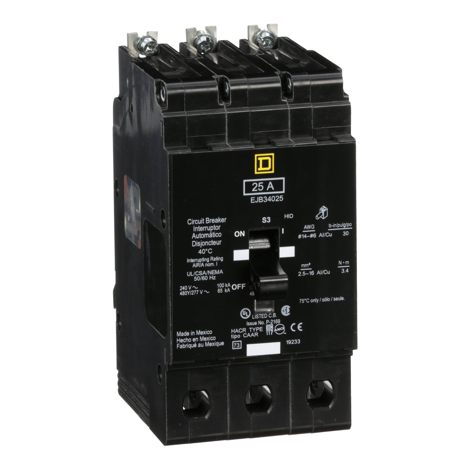 EJB34025 E-FRAME Type EJB Molded Case Miniature Circuit Breaker, 277/480Y V AC, 25 A, 65 kA Interrupt, 3 Poles, Thermal Magnetic Trip