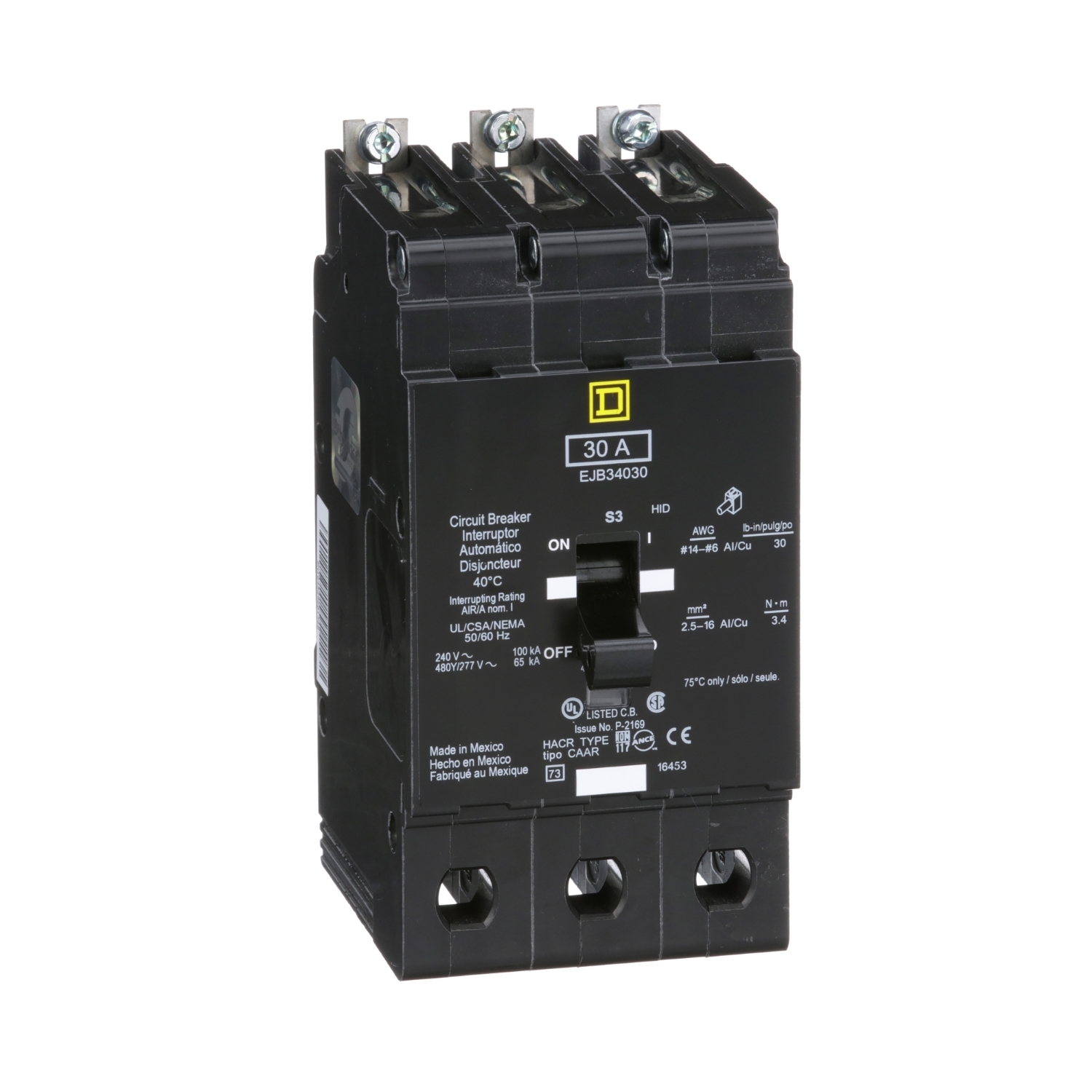 EJB34030 E-FRAME Type EJB Molded Case Standard Miniature Circuit Breaker, 277/480Y V AC, 30 A, 65 kA Interrupt, 3 Poles, Thermal Magnetic Trip