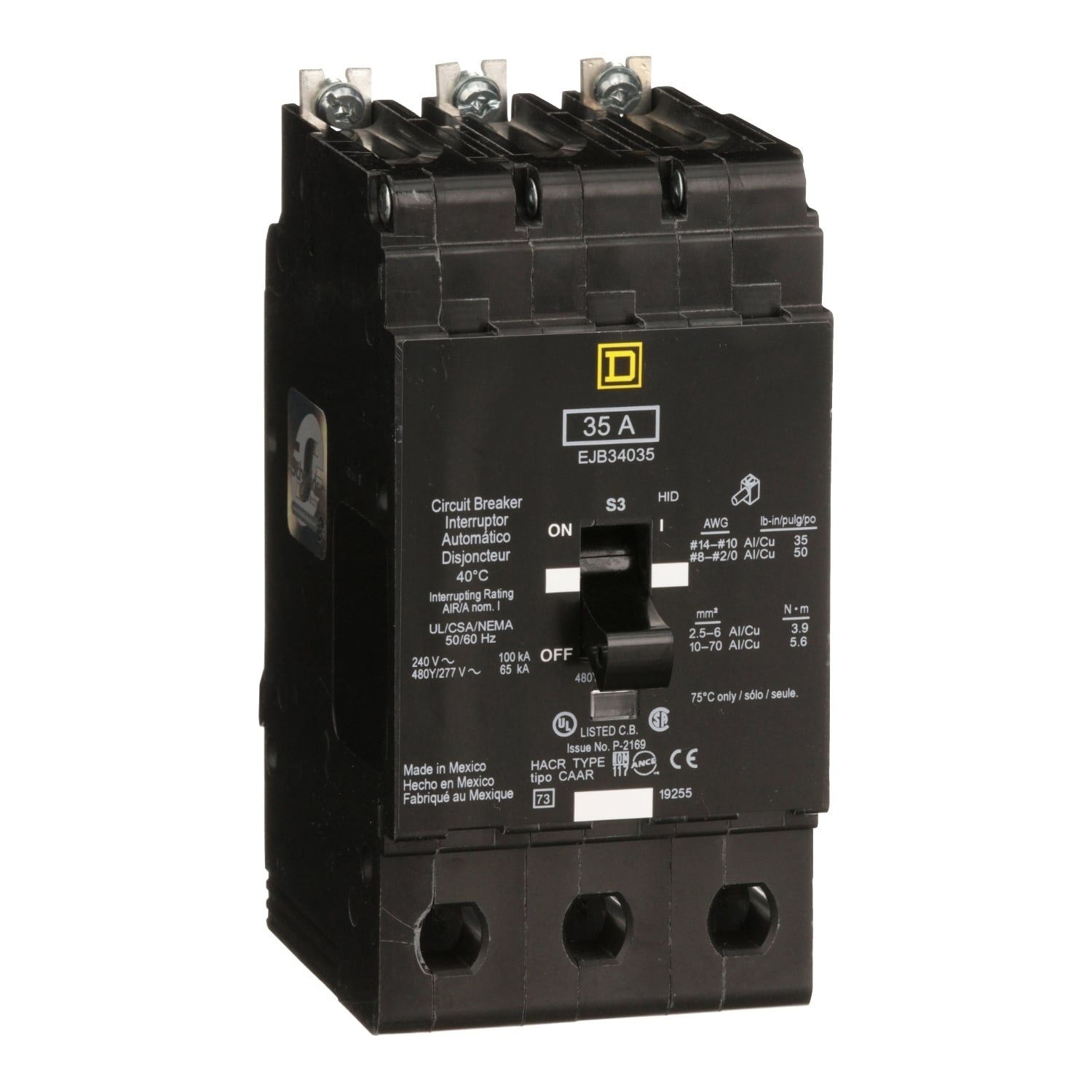 EJB34035 Type EJB Miniature Circuit Breaker, 277/480Y V AC, 35 A, 65 kA at 480Y/277 VAC, 100 kA at 120/240 VAC Interrupt, 3 Poles, Thermal Magnetic Trip