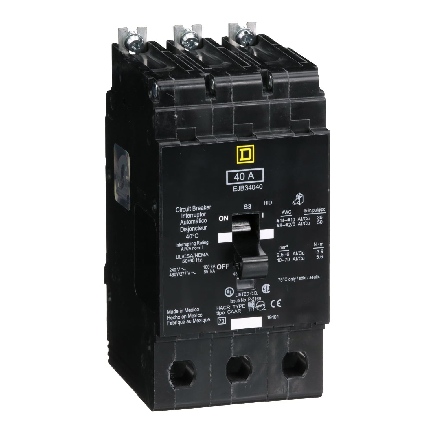 EJB34040 E-FRAME Type EJB Molded Case Miniature Circuit Breaker, 277/480Y V AC, 40 A, 65 kA Interrupt, 3 Poles, Thermal Magnetic Trip