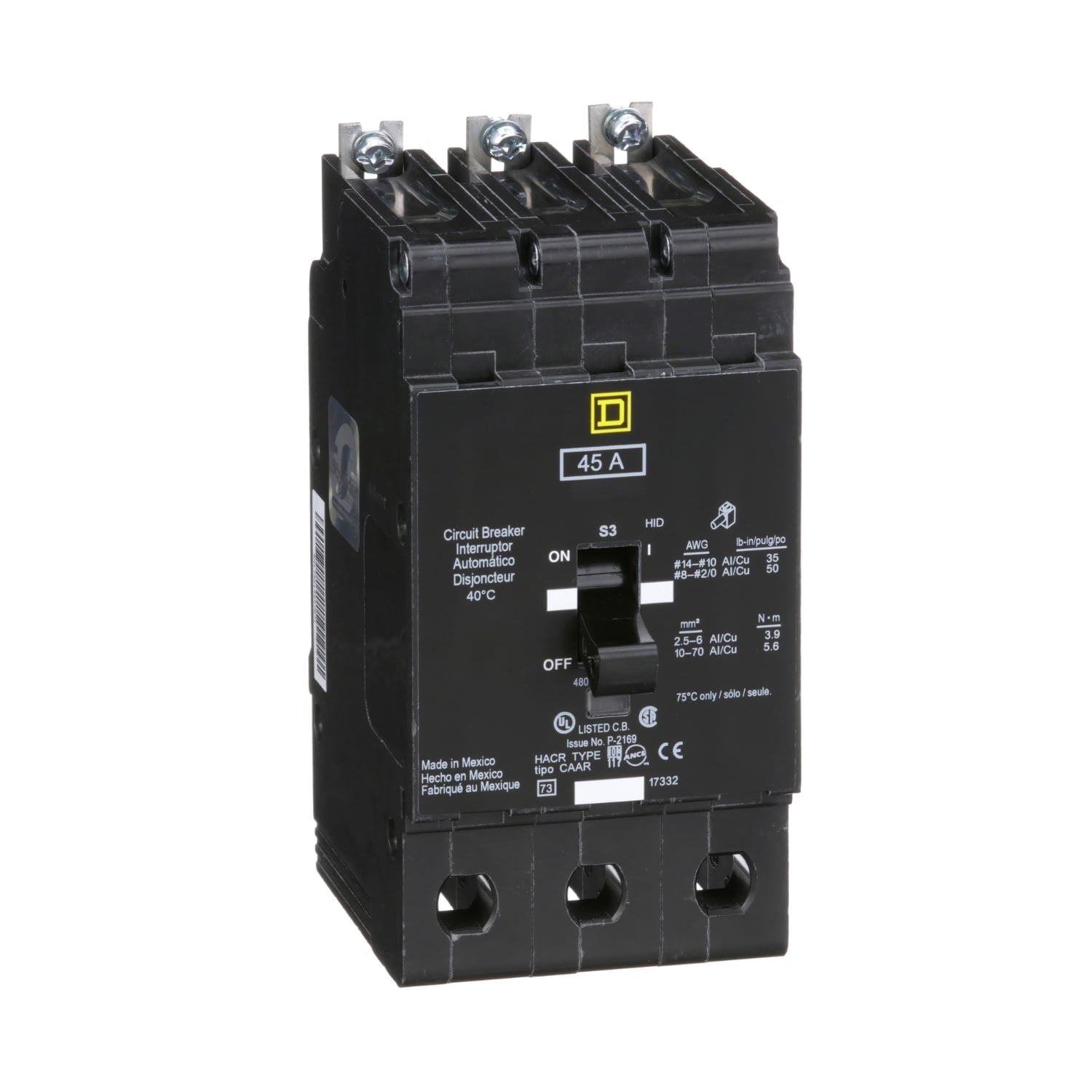EJB34045 Type EJB Miniature Circuit Breaker, 277/480Y V AC, 45 A, 65 kA at 480Y/277 VAC, 100 kA at 120/240 VAC Interrupt, 3 Poles, Thermal Magnetic Trip