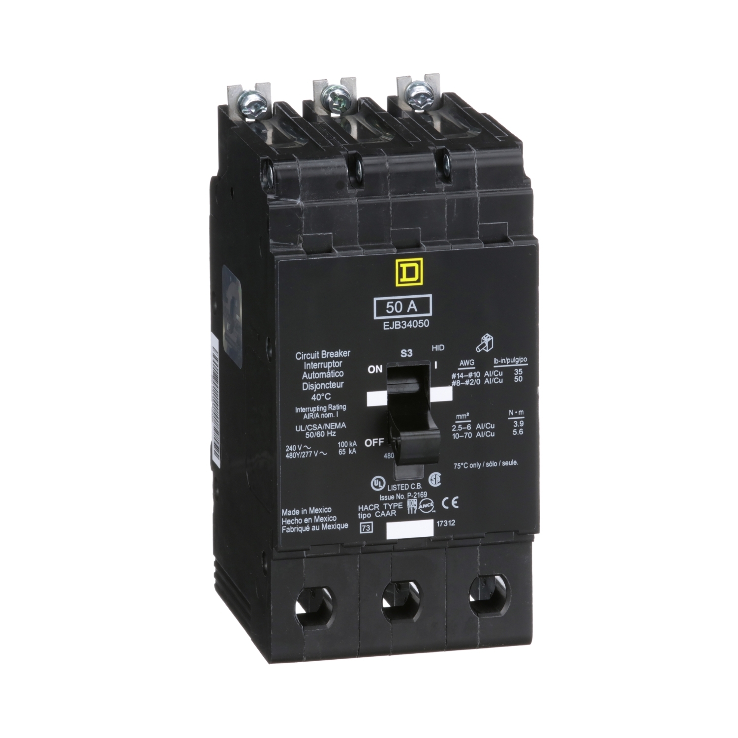 EJB34050 E-FRAME Type EJB Molded Case Standard Miniature Circuit Breaker, 277/480Y V AC, 50 A, 65 kA Interrupt, 3 Poles, Thermal Magnetic Trip