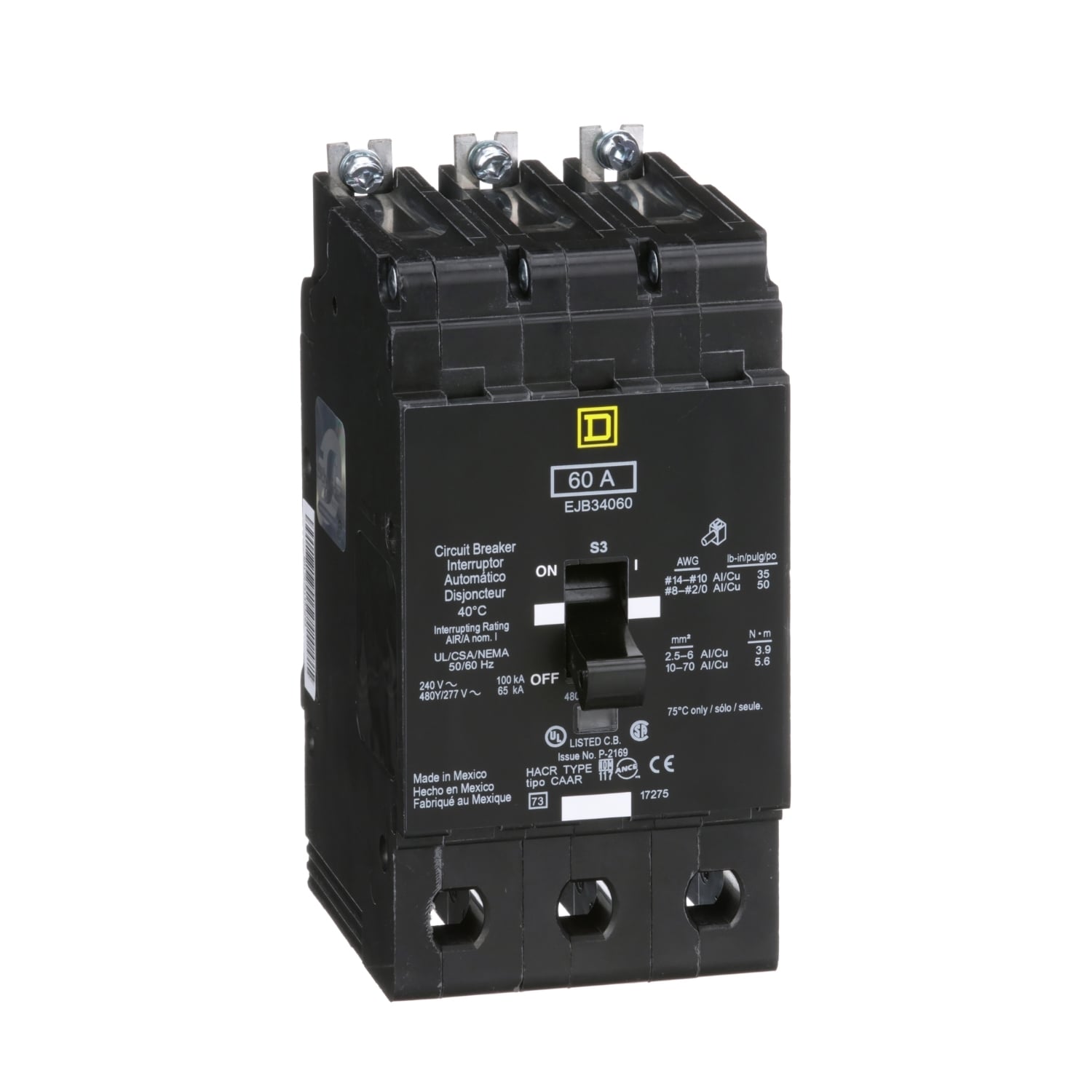 EJB34060 E-FRAME Type EJB Molded Case Standard Miniature Circuit Breaker, 277/480Y V AC, 60 A, 65 kA Interrupt, 3 Poles, Thermal Magnetic Trip