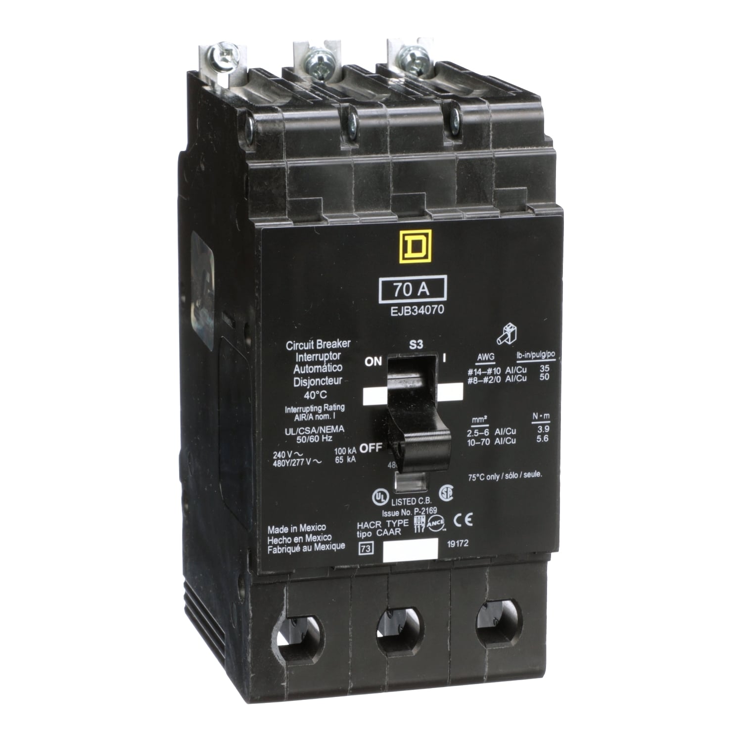 EJB34070 E-FRAME Type EJB Molded Case Miniature Circuit Breaker, 277/480Y V AC, 70 A, 65 kA Interrupt, 3 Poles, Thermal Magnetic Trip