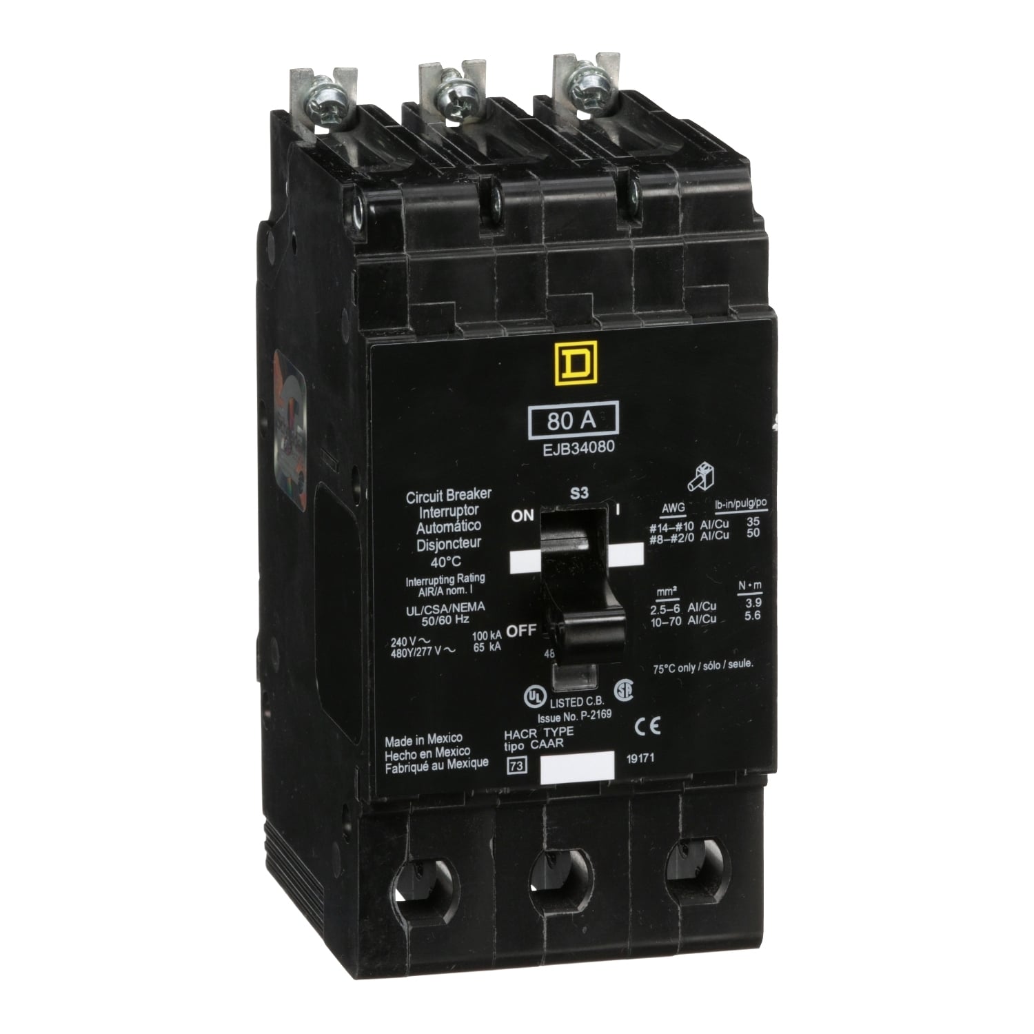 EJB34080 Type EJB Miniature Circuit Breaker, 277/480Y V AC, 80 A, 100 kA at 240 VAC, 65 kA at 480Y/277 VAC Interrupt, 3 Poles, Thermal Magnetic Trip