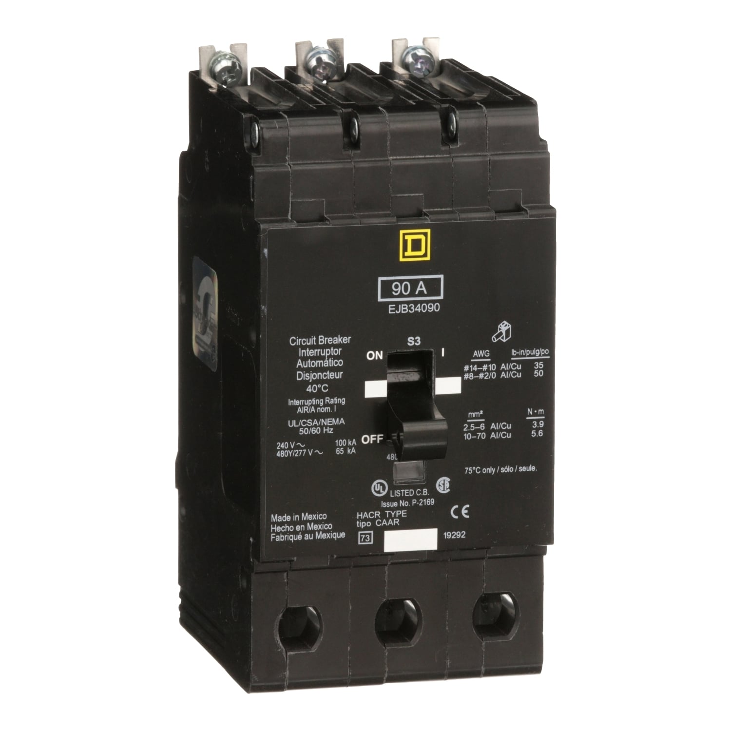 EJB34090 Type EJB Miniature Circuit Breaker, 480Y/277 V AC, 90 A, 65 kA at 480Y/277 VAC, 100 kA at 120/240 VAC Interrupt, 3 Poles, Thermal Magnetic Trip