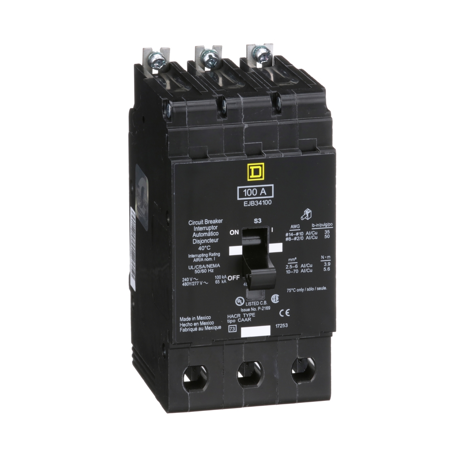 EJB34100 E-FRAME Type EJB Molded Case Standard Miniature Circuit Breaker, 277/480Y V AC, 100 A, 65 kA Interrupt, 3 Poles, Thermal Magnetic Trip