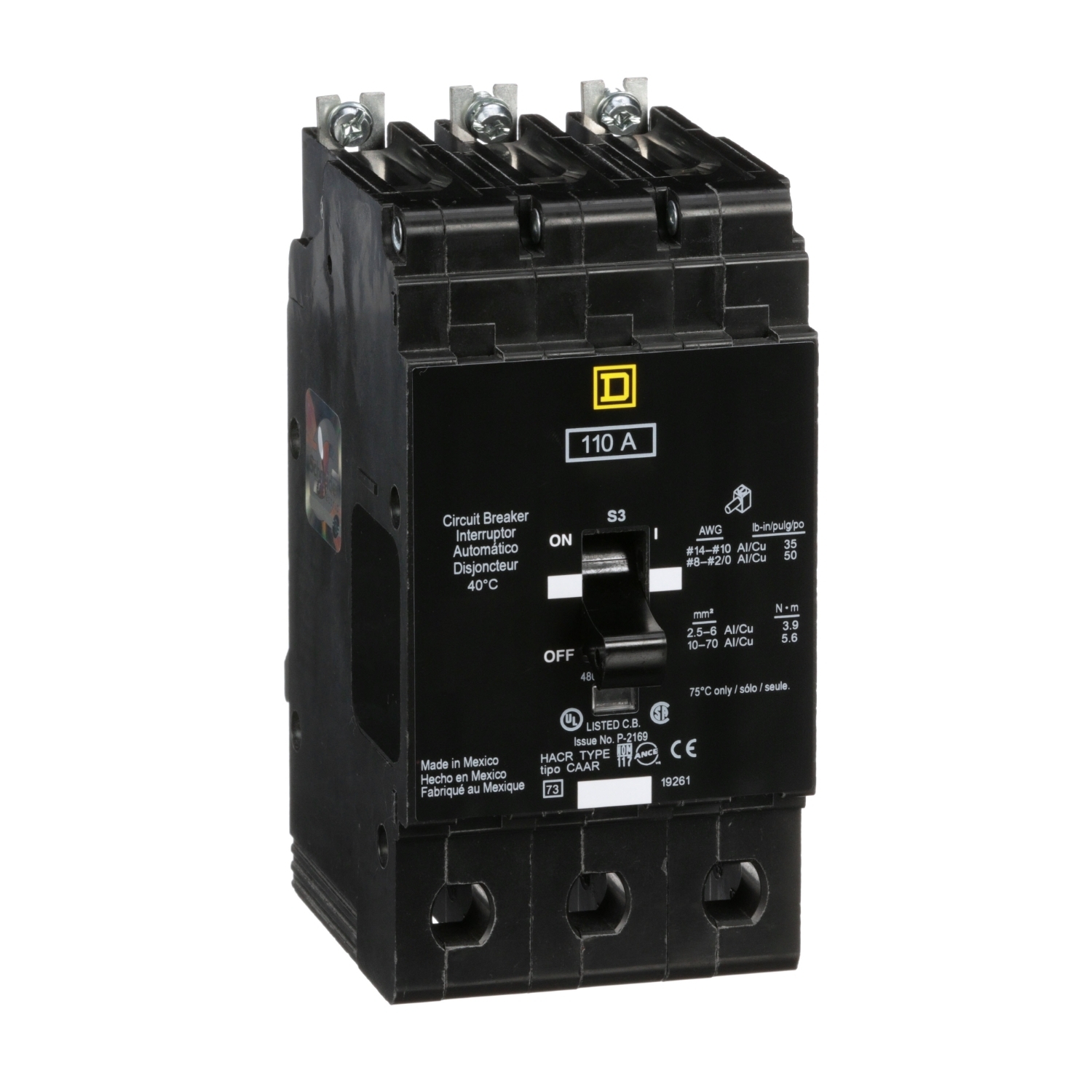 EJB34110 Type EJB Miniature Circuit Breaker, 480Y/277 V AC, 110 A, 65 kA at 480Y/277 VAC, 100 kA at 120/240 VAC Interrupt, 3 Poles, Thermal Magnetic Trip