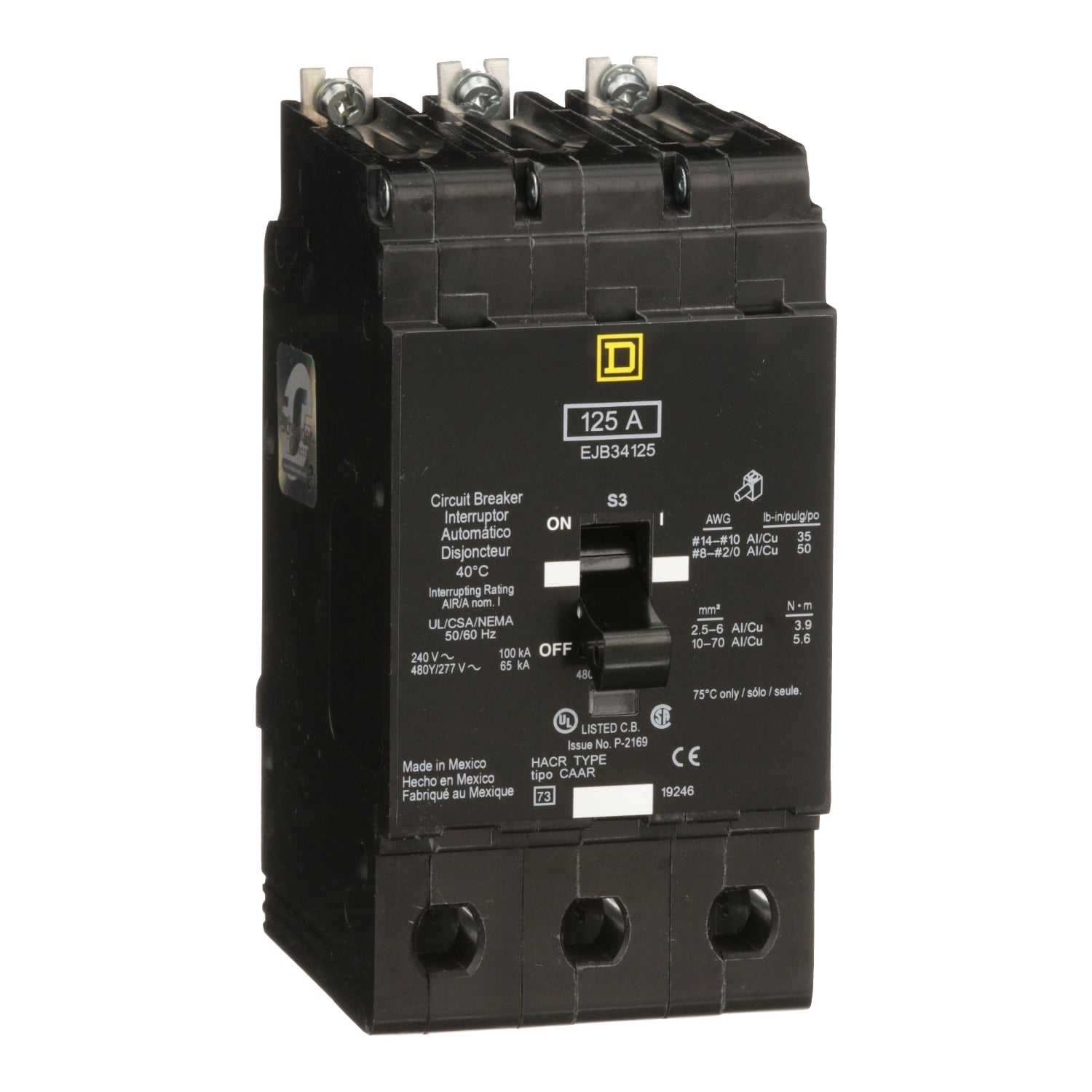 EJB34125 Type EJB Miniature Circuit Breaker, 277/480Y V AC, 125 A, 100 kA at 240 VAC, 65 kA at 480Y/277 VAC Interrupt, 3 Poles, Thermal Magnetic Trip
