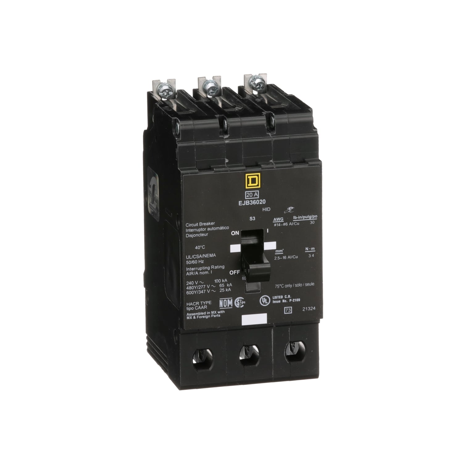 EJB36020 Standard Miniature Circuit Breaker, 347/600Y V AC, 20 A, 65/100 kA Interrupt, 3 Poles, Thermal Magnetic Trip