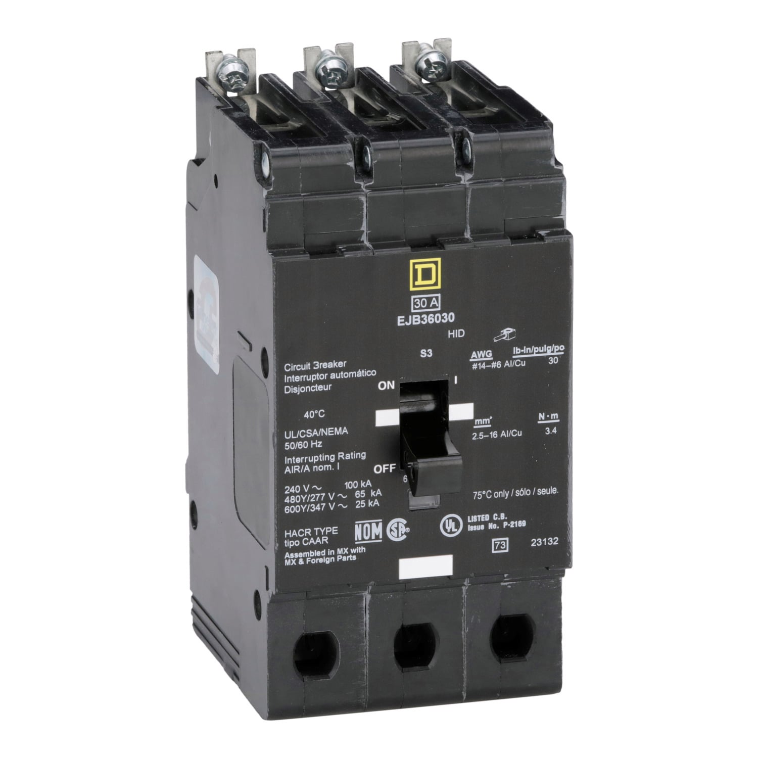EJB36030 Type EJB Circuit Breaker, 600Y/347 V AC, 30 A, 100 kA at 240 VAC/65 kA at 480Y/277 VAC Interrupt, 3 Poles, Thermal Magnetic Trip