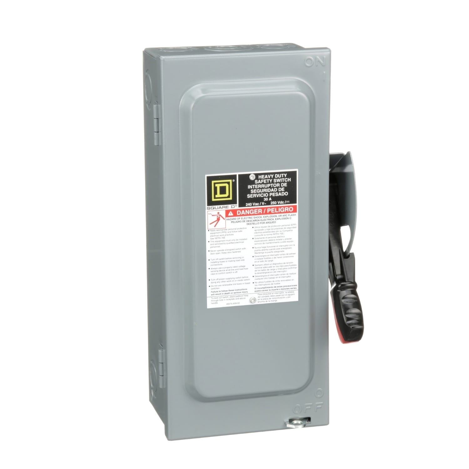 H221N Heavy Duty Fusible Safety Switch, 240/250 VAC/VDC, 30 A, 1-1/2 to 5 hp, DPST Contact, 2 Poles