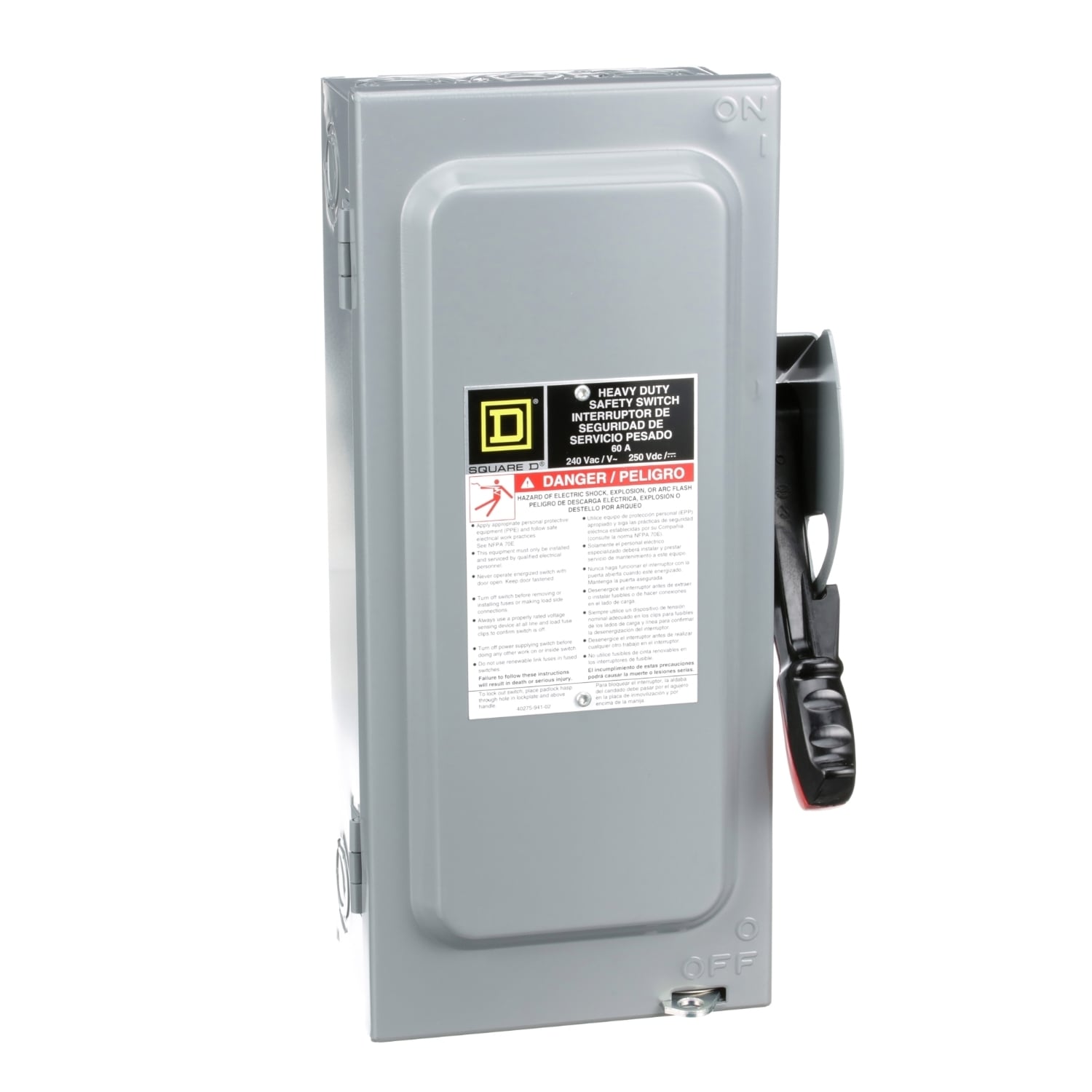 H222N Heavy Duty Fusible Safety Switch, 240/250 VAC/VDC, 60 A, 3 hp, 10 hp, DPST Contact, 2 Poles