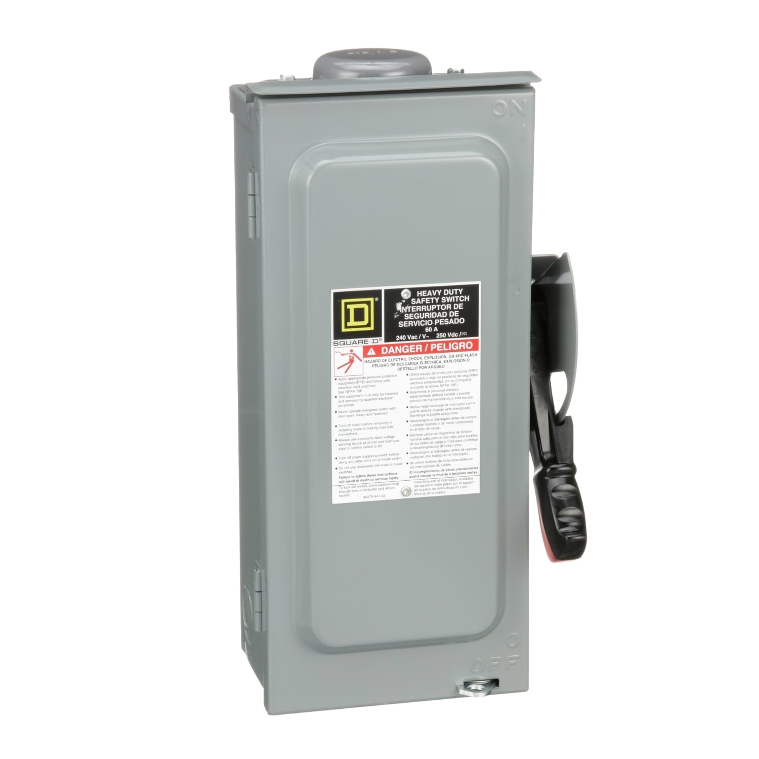 Safety switch, heavy duty, fusible, 60A, 3 wire, 2 pole, 1 neutral, 15hp, 240VAC/250VDC, NEMA 3R, bolt on hub provision