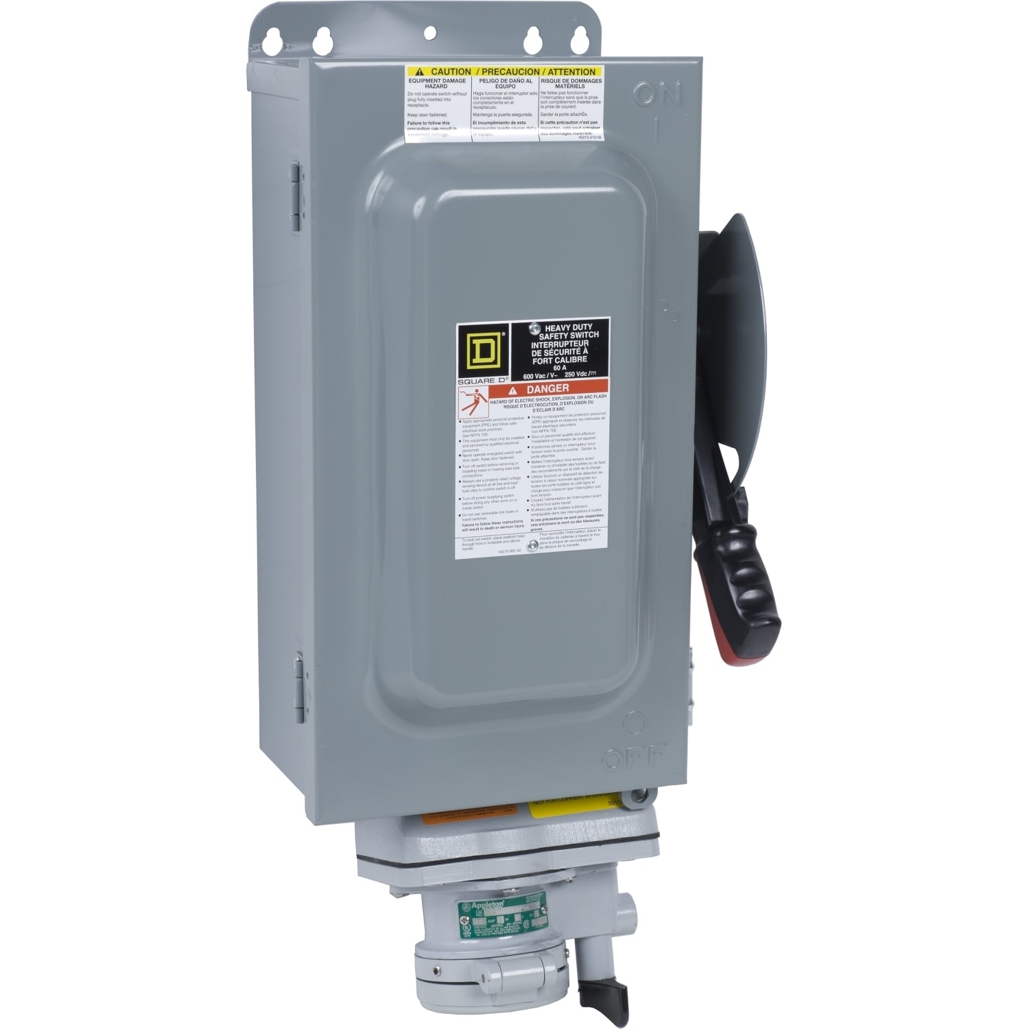 H362AWA F7 Dusttight Driptight Fusible Heavy Duty Rainproof Receptacle Safety Switch With Appleton Interlocked Receptacle, 600 V AC/250 V DC, 60 A, 50 hp at 600 VAC, 3NO 3 Form A Contact, 3 Poles