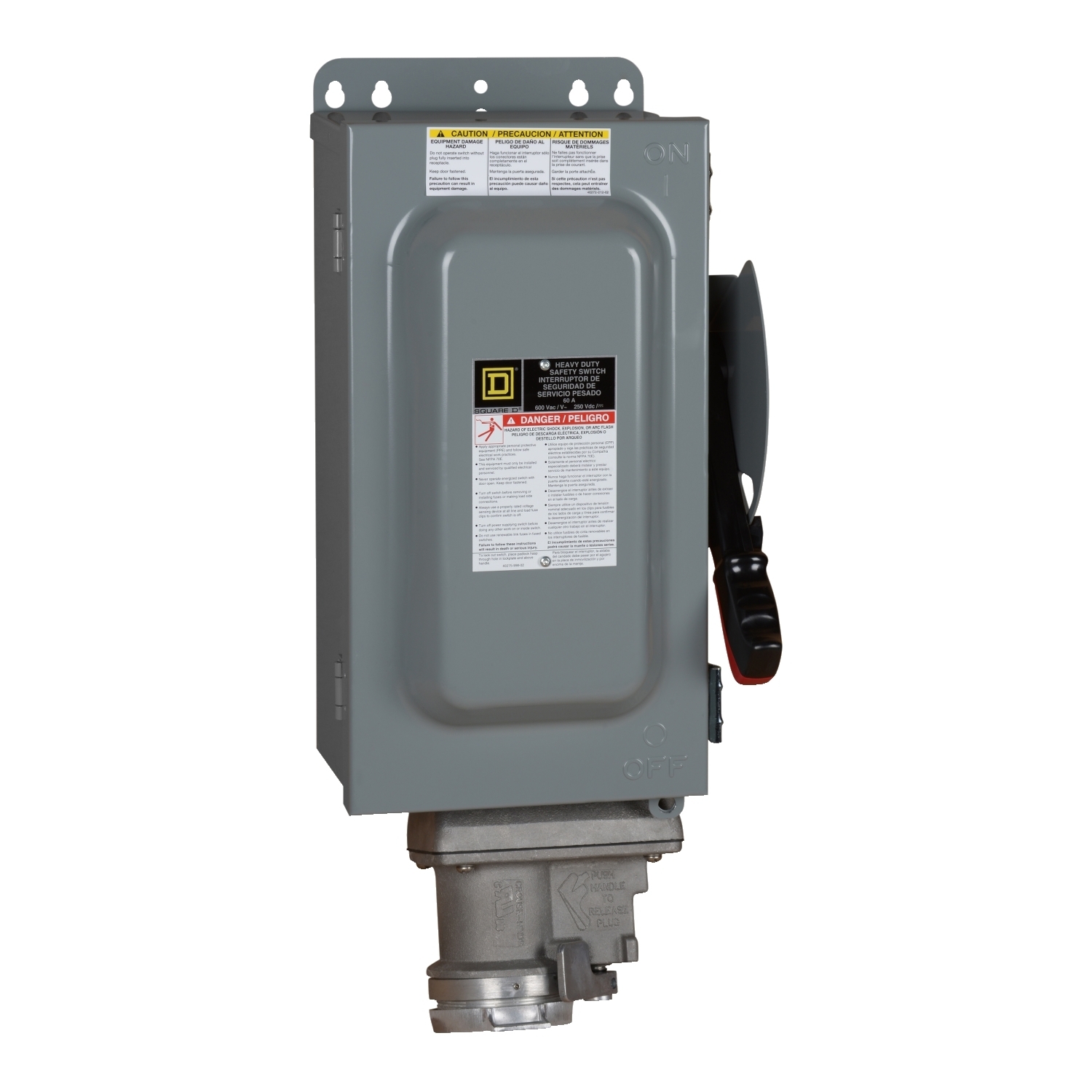H362AWC F7 Dust/Driptight Fusible Iceproof Rainproof Single Throw Sleetproof Heavy Duty Safety Switch With Crouse-Hinds Arktite Interlocked Receptacle, Knockout, 600 V AC/250 V DC, 60 A, 30 hp, 50 hp, 3PST Contact, 3 Poles