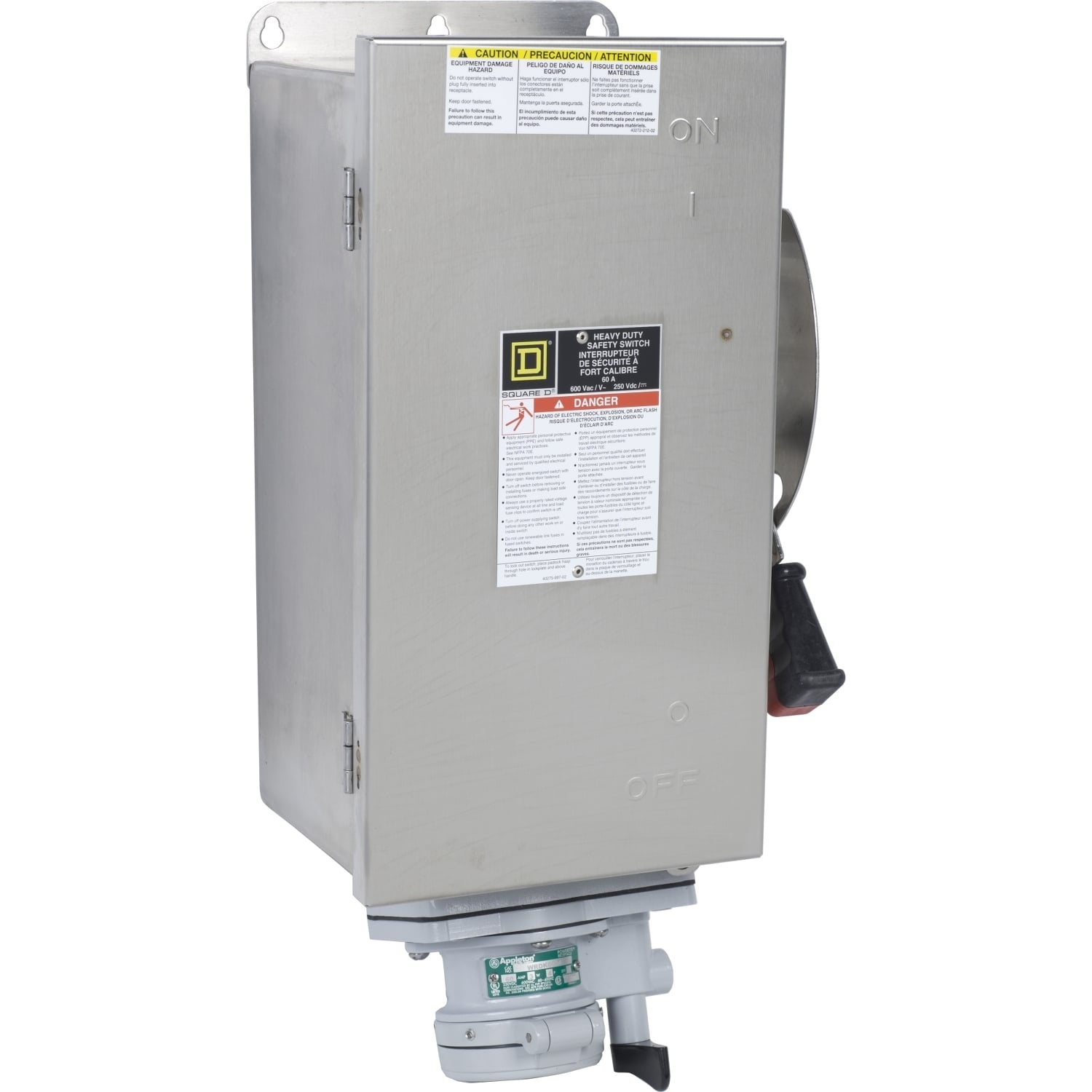 H362DSWA F7 Corrosion Resistant Dusttight Watertight Fusible Heavy Duty Safety Switch With Appleton Interlocked Receptacle, 600 V AC/DC, 60 A, 50 hp at 600 VAC, 3 Poles