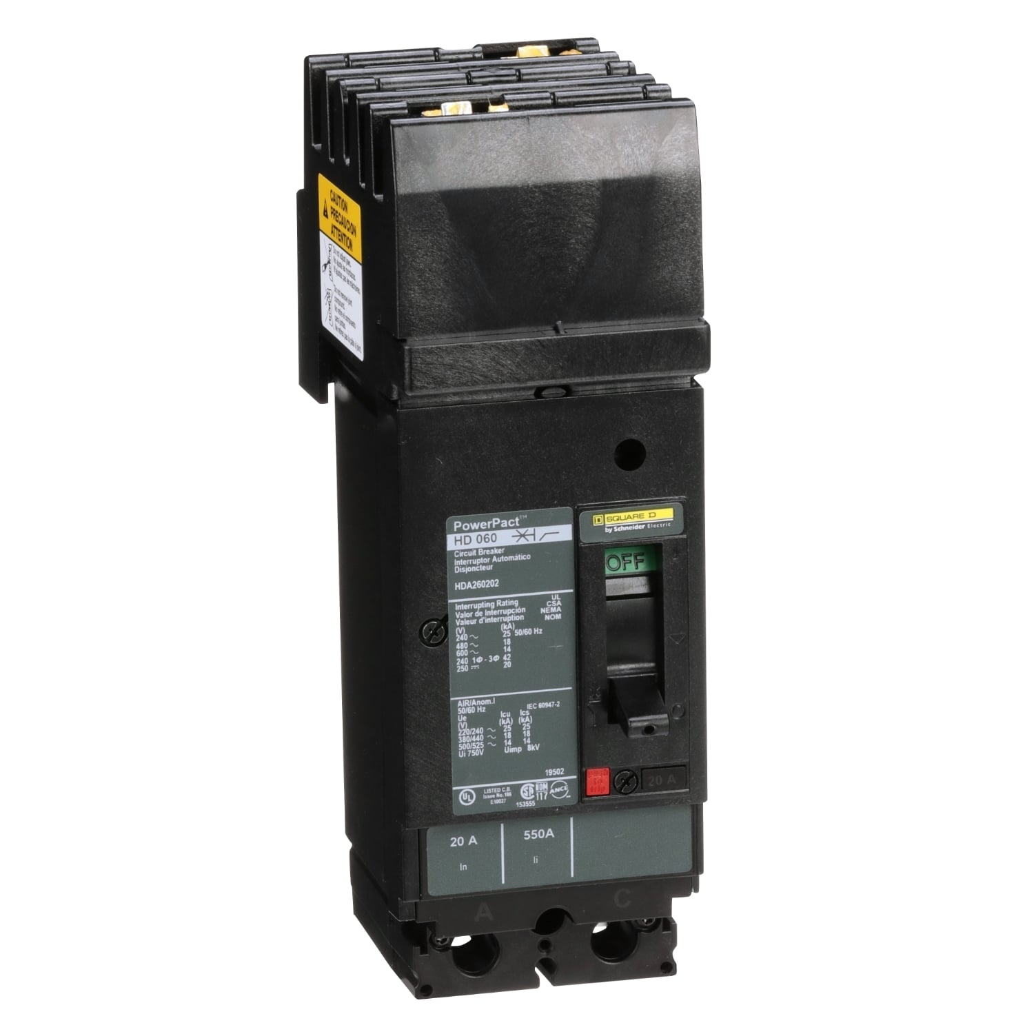 HDA260202 I-Line PowerPact 80% Rated Type HDA Molded Case Circuit Breaker, 600 V AC/250 V DC, 20 A, 18 kA at 480 VAC/25 kA at 240 VAC/14 kA at 600 VAC/20 kA at 250 VDC/250 VDC/600 VAC Interrupt, 2 Poles, Thermal Magnetic Trip