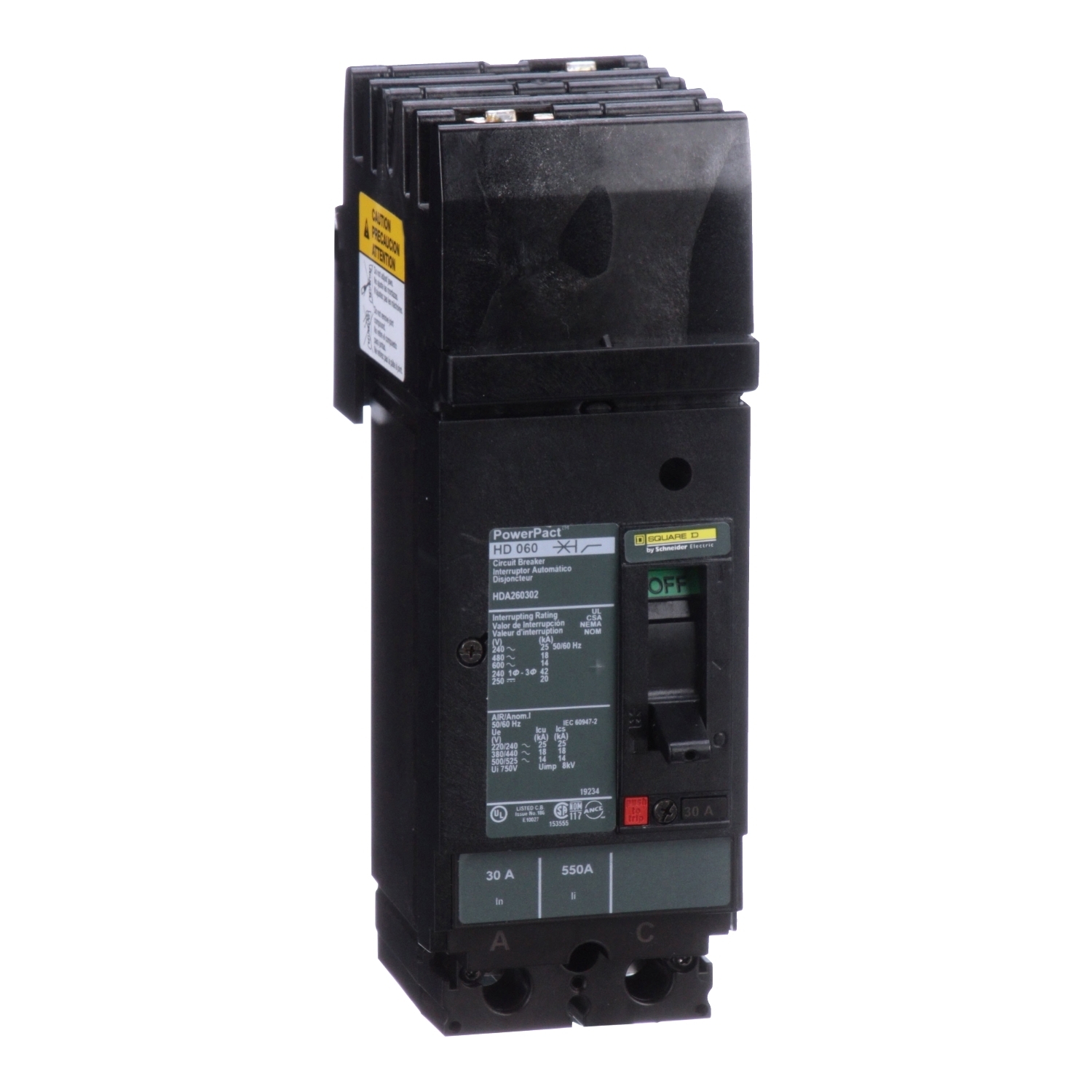 HDA260302 I-Line PowerPact 80% Rated Type HDA Molded Case Circuit Breaker, 600 V AC/250 V DC, 30 A, 18 kA at 480 VAC/25 kA at 240 VAC/14 kA at 600 VAC/20 kA at 250 VDC/250 VDC/600 VAC Interrupt, 2 Poles, Thermal Magnetic Trip